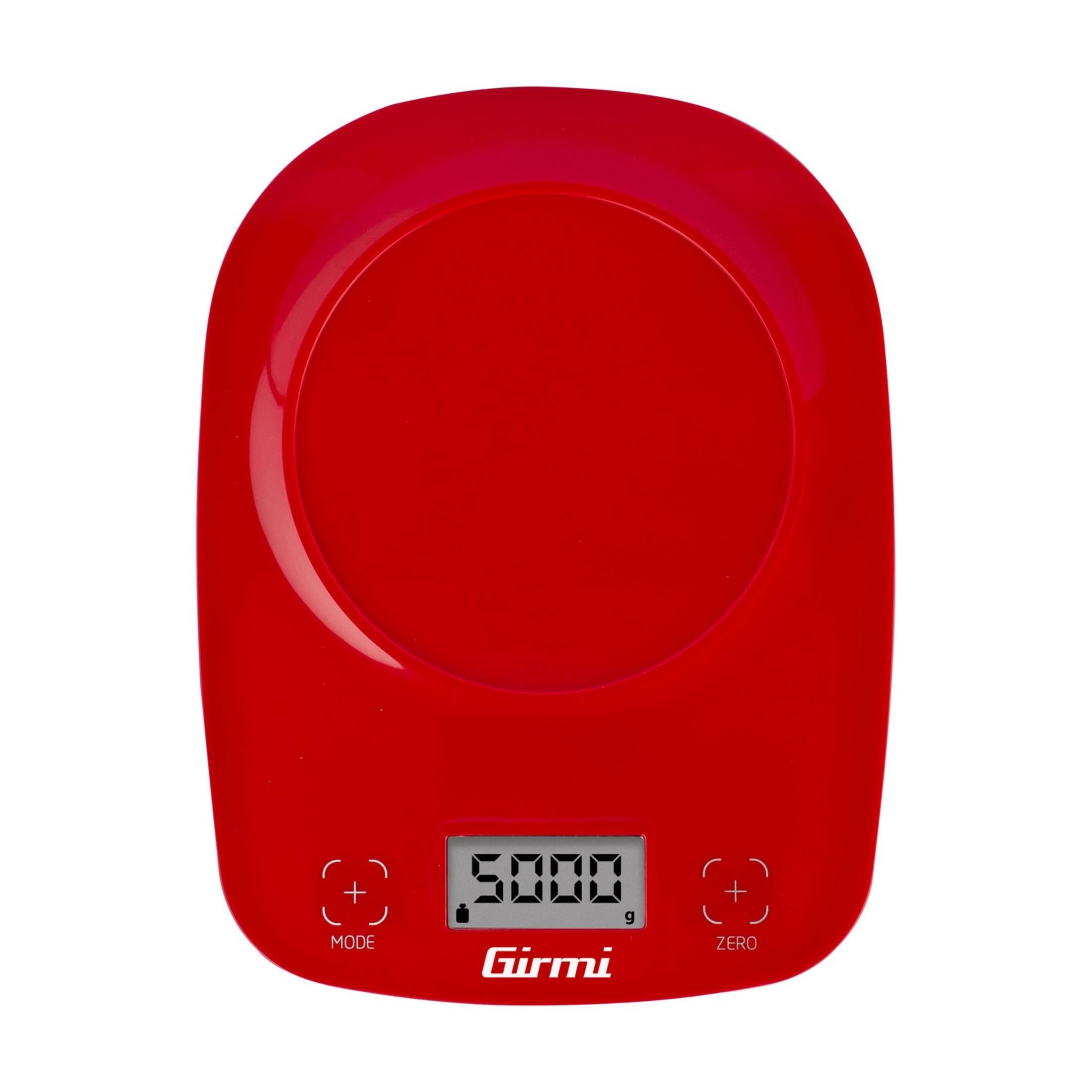 Czerwona cyfrowa waga kuchenna z wyświetlaczem "5000g" i logo Girmi.