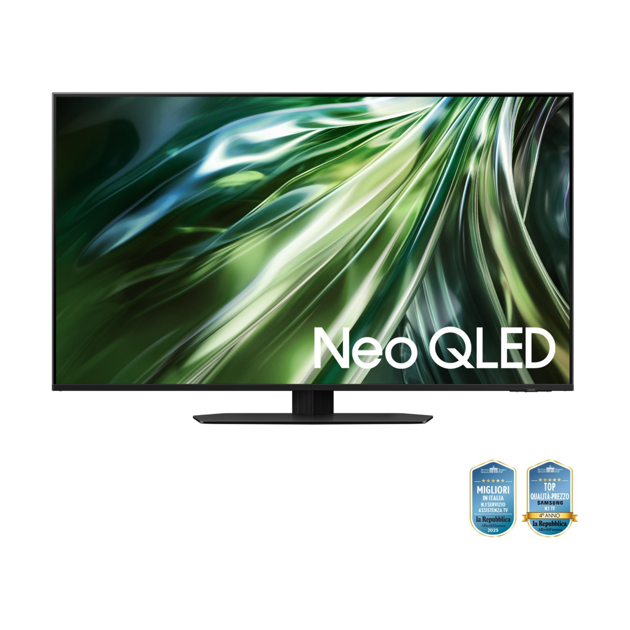 Un TV Samsung Neo QLED con sfondo verde astratto. Premi in basso.