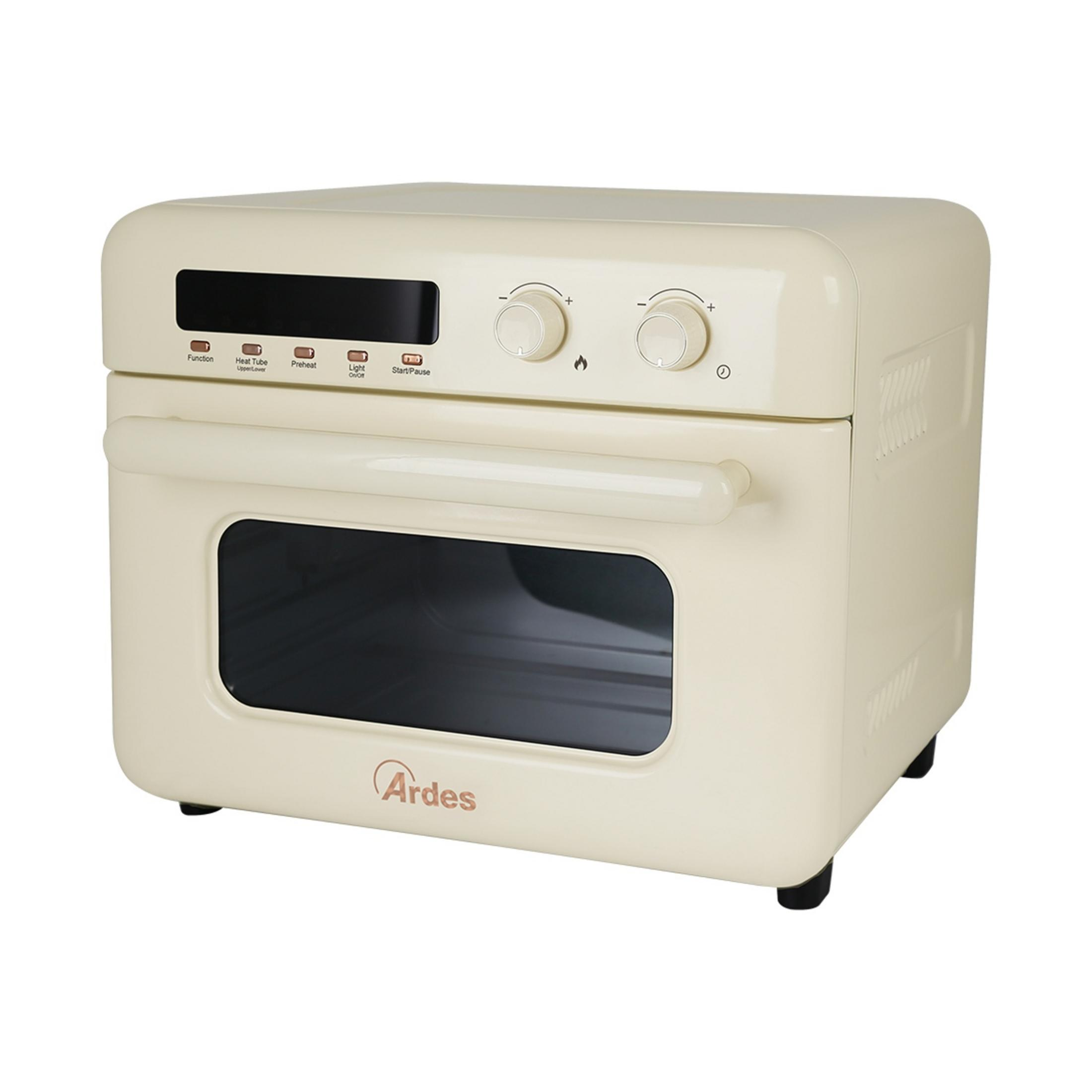 Kremowy piekarnik Ardes z cyfrowym wyświetlaczem i pokrętłami.