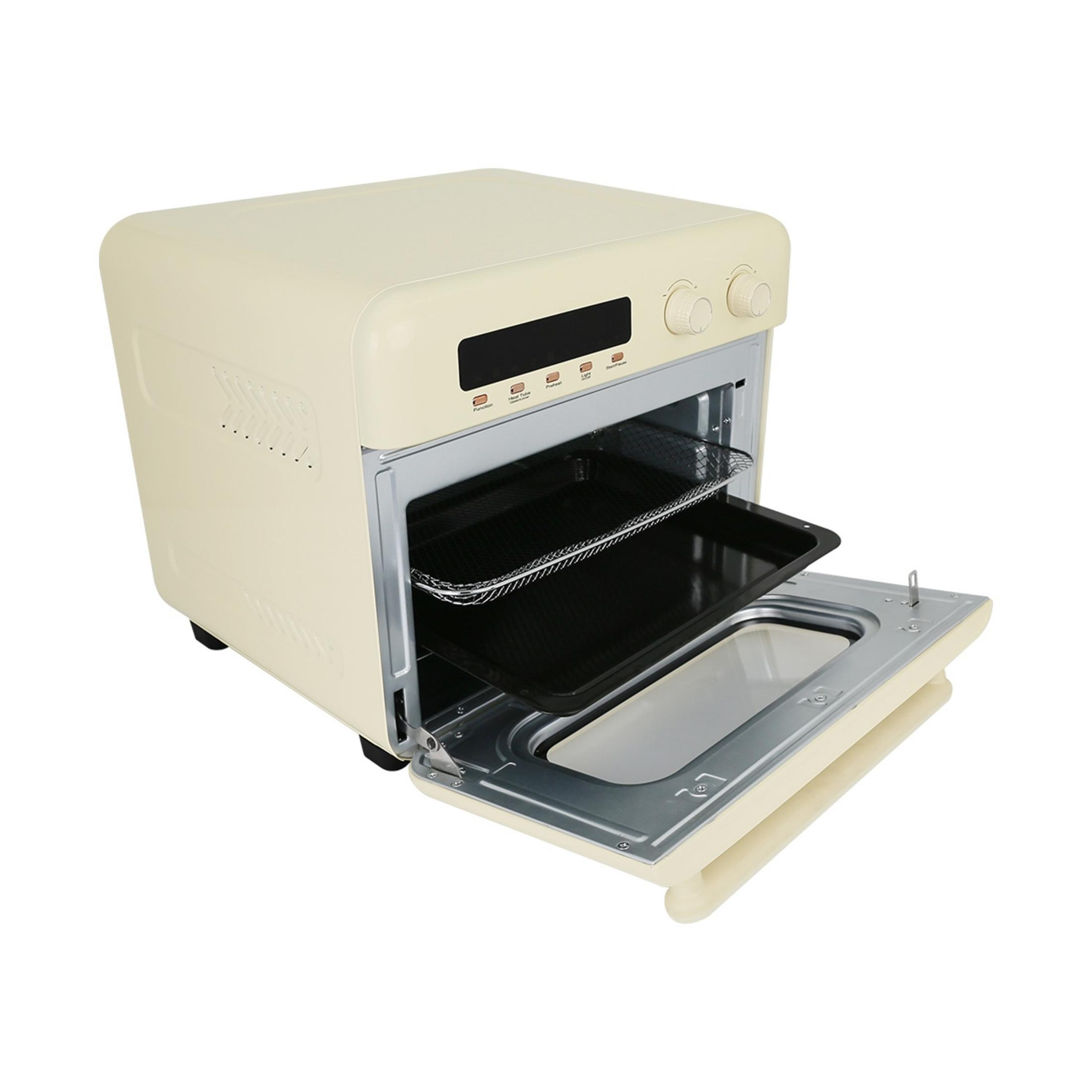 Kremowy piekarnik w stylu retro z otwartymi drzwiami, kratką i tacą.