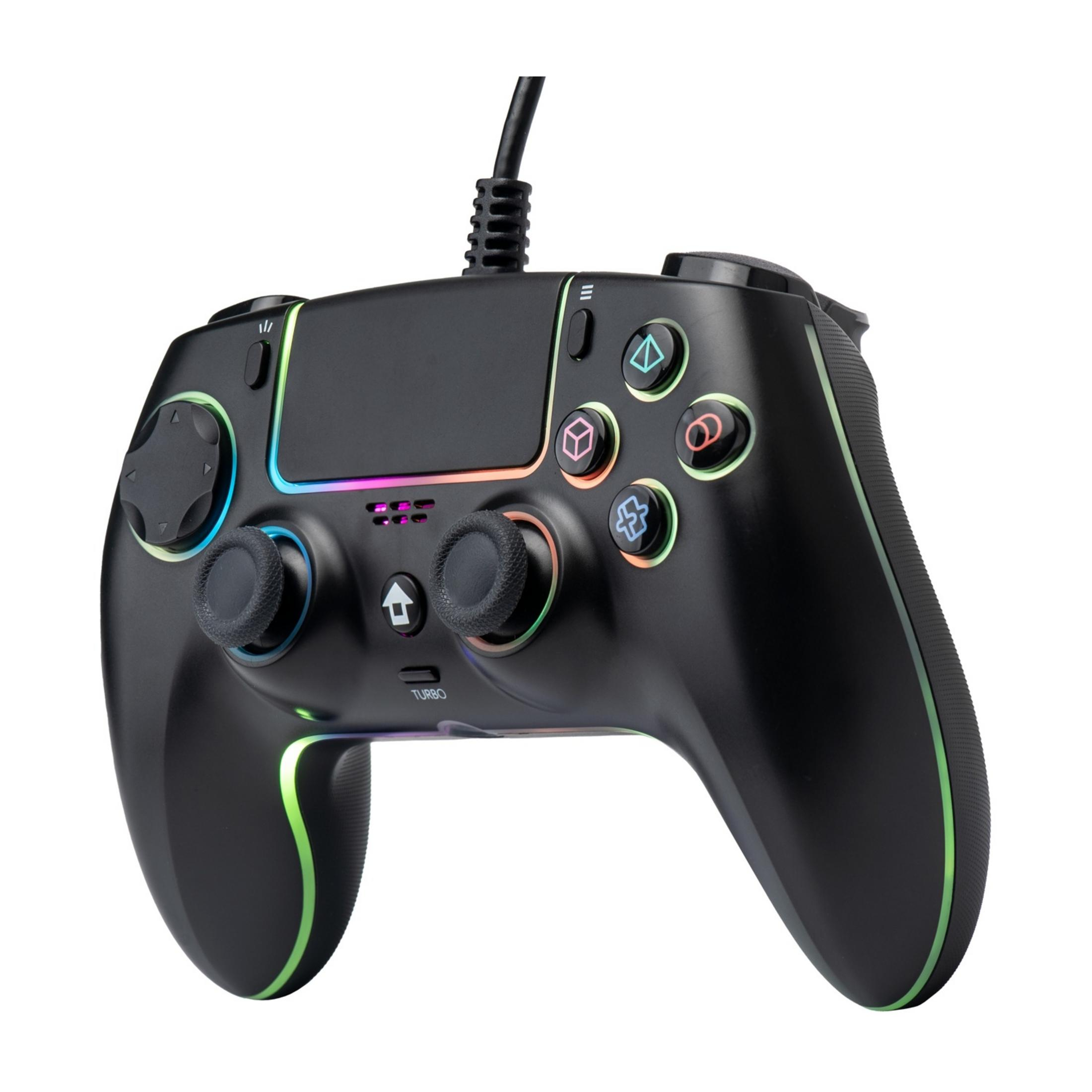Controller da gioco nero con LED colorati, due joystick e pulsanti.