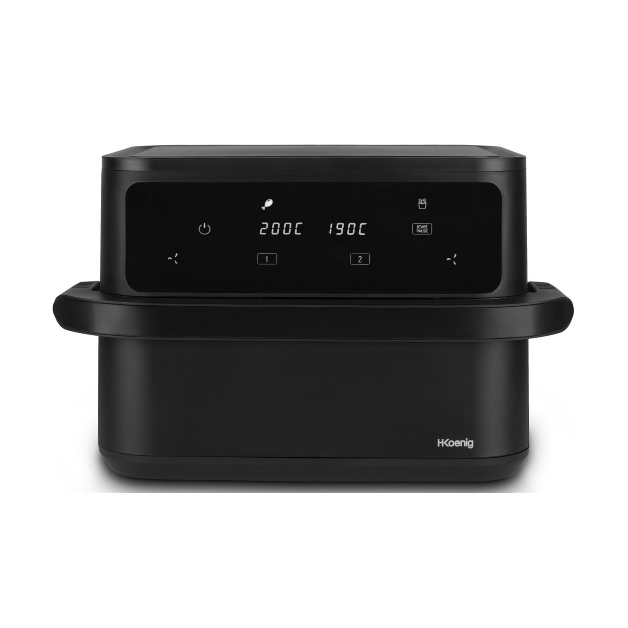 Schwarzer H.Koenig Airfryer mit digitalem Display, das 200C und 190C anzeigt.