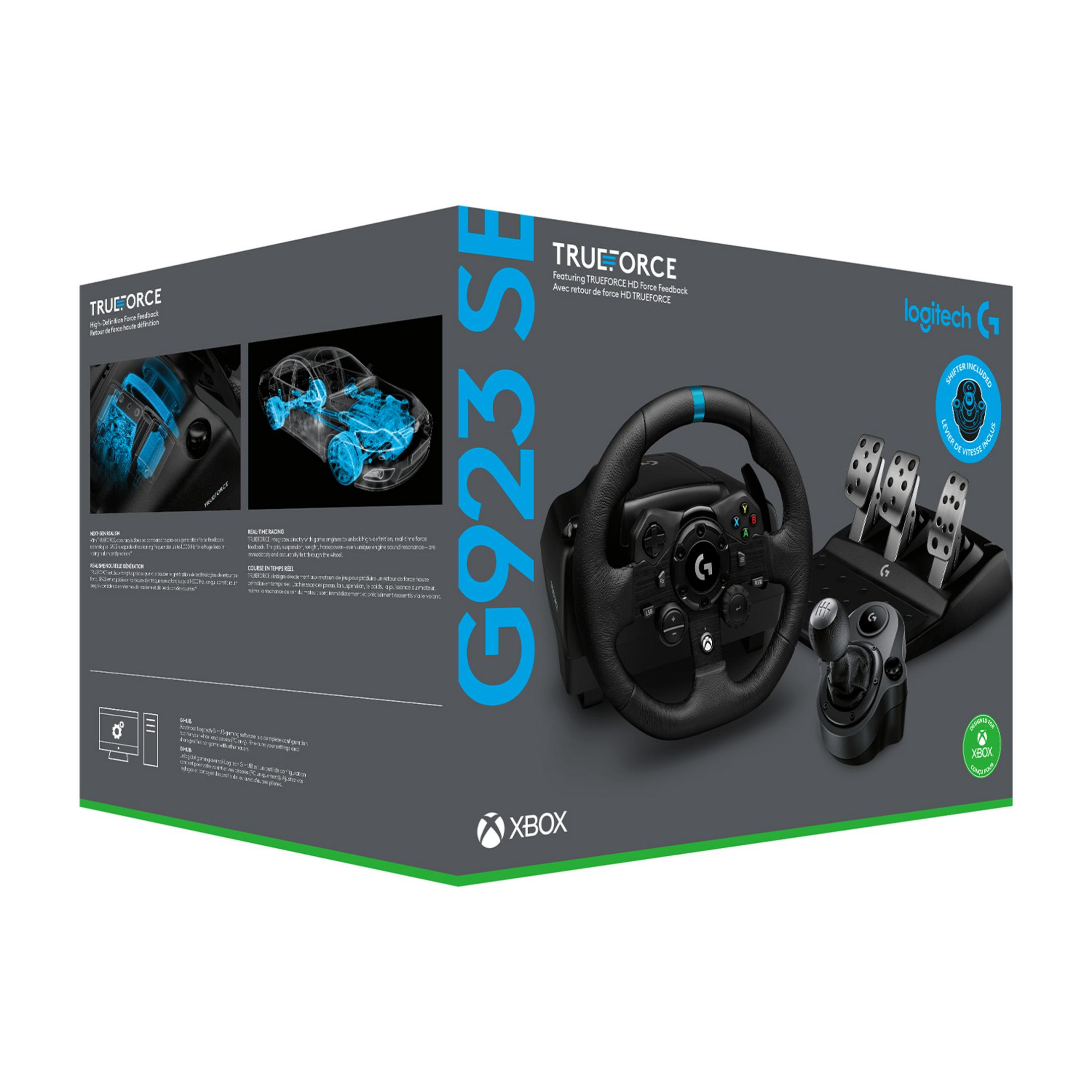 Kierownica Logitech G923 SE, pedały i skrzynia biegów z logo Xbox.