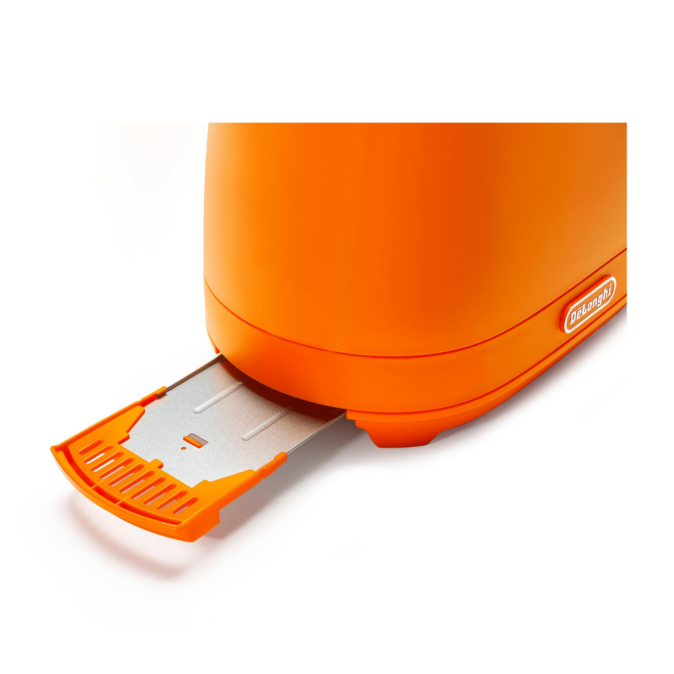 An orange toaster with its tray pulled out, set against a white background.