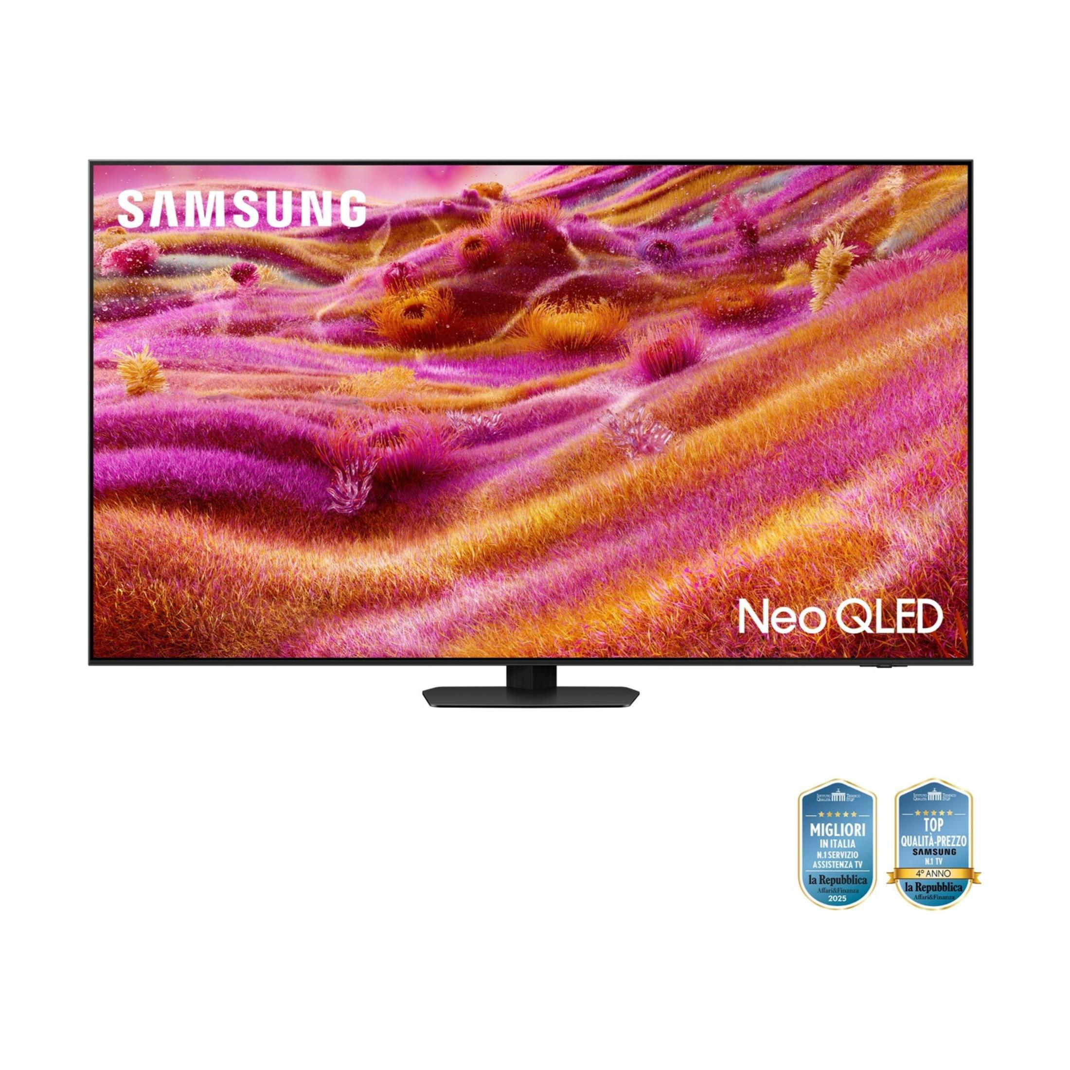 Un TV Samsung Neo QLED con immagine astratta e premi sotto.