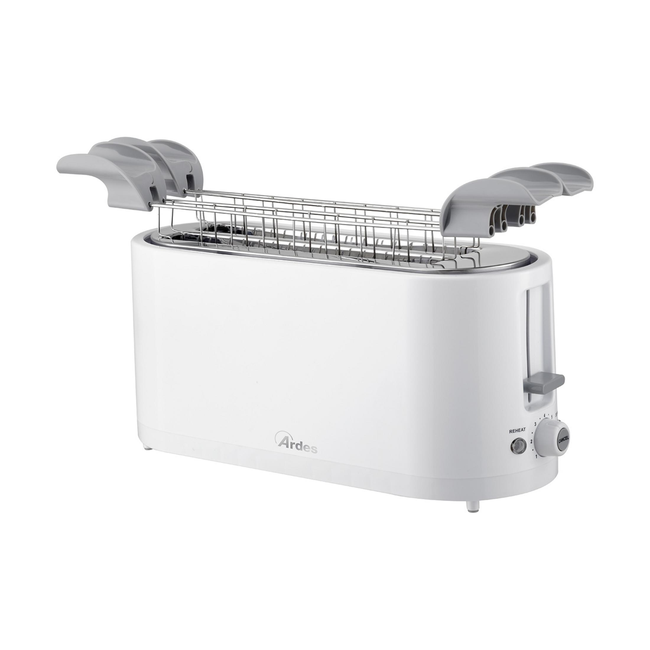 Biały toster ze srebrnymi dźwigniami i pokrętłami, na białym tle.