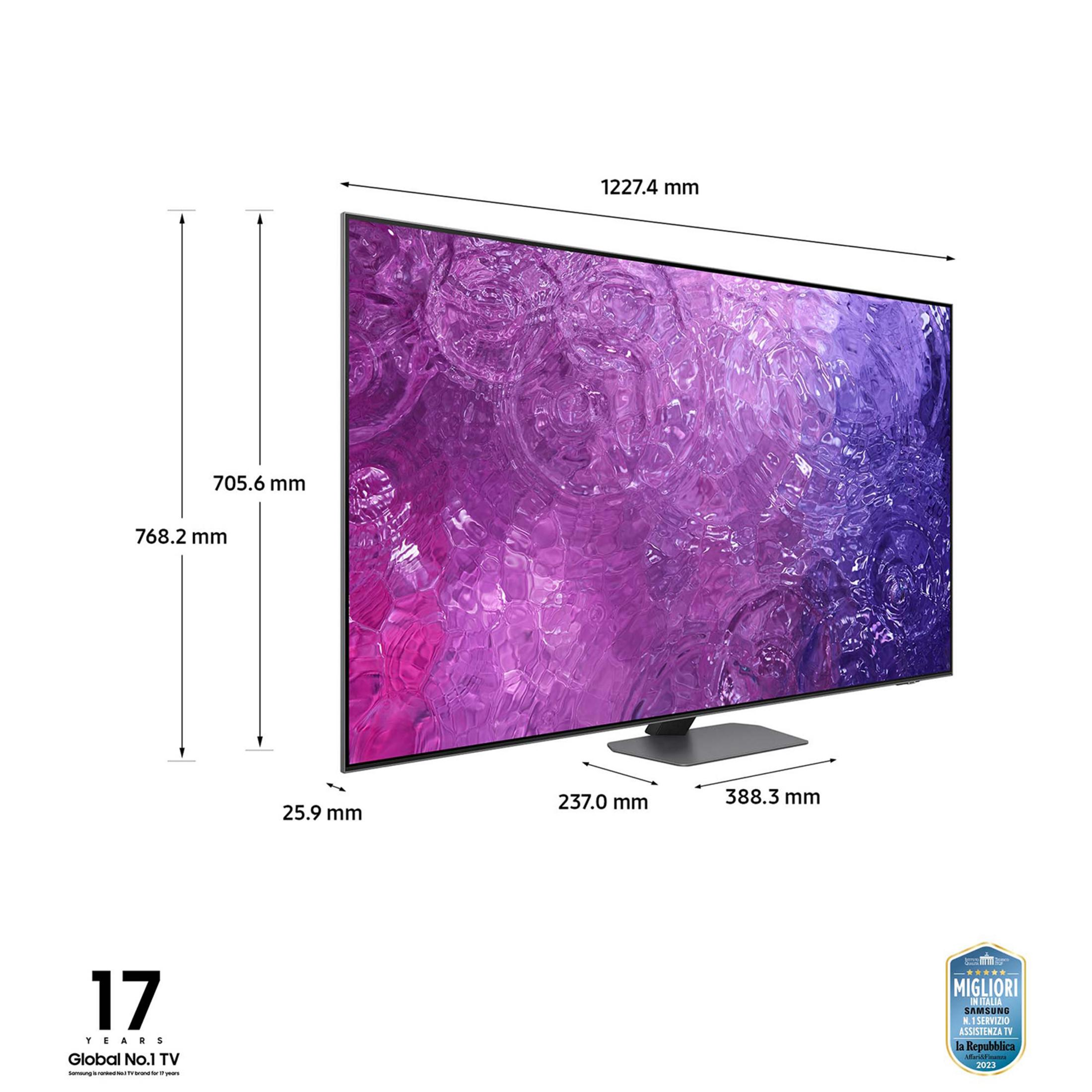 Telewizor Samsung z fioletowym wzorem na ekranie, podano wymiary.