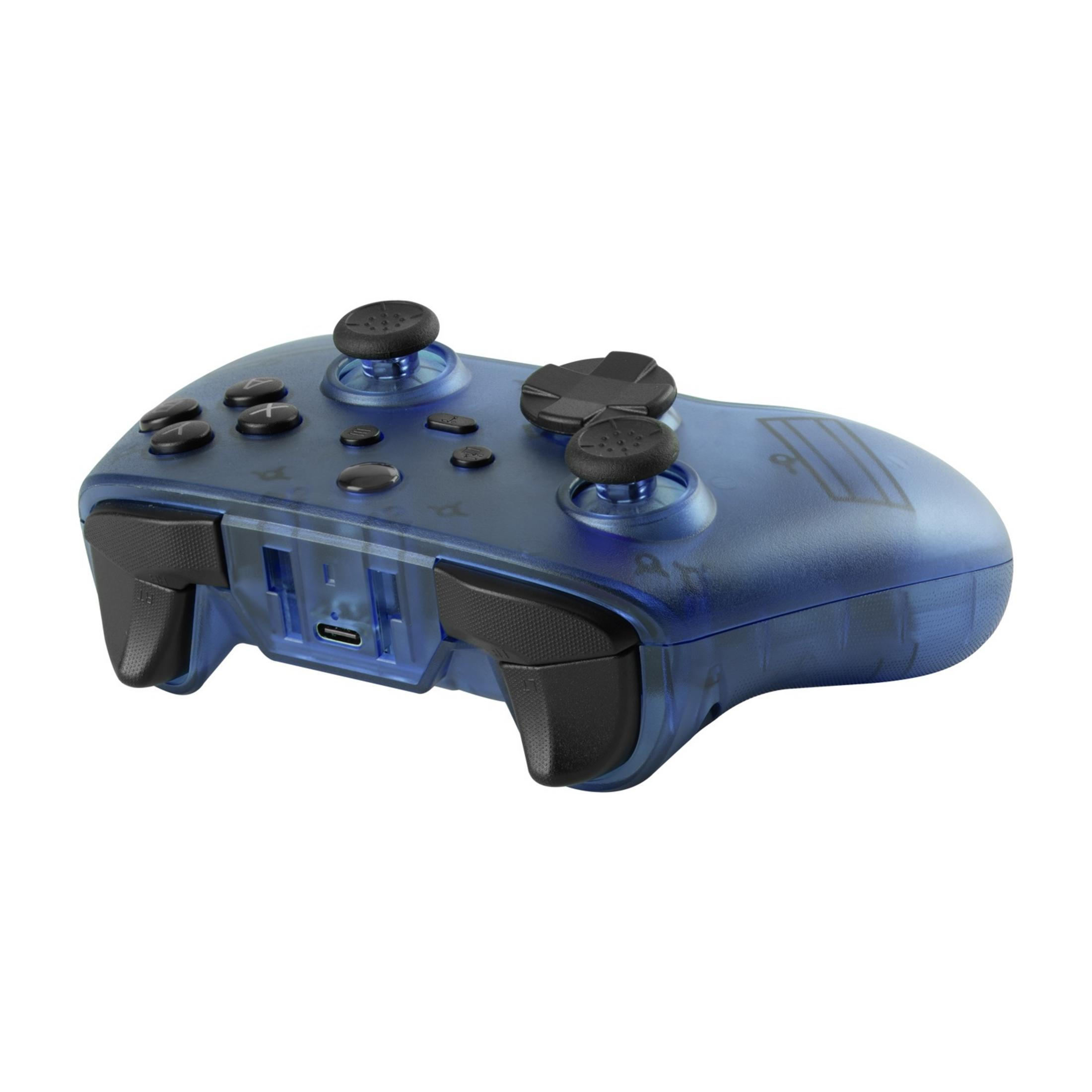 Un controller di gioco blu trasparente con pulsanti e joystick neri.