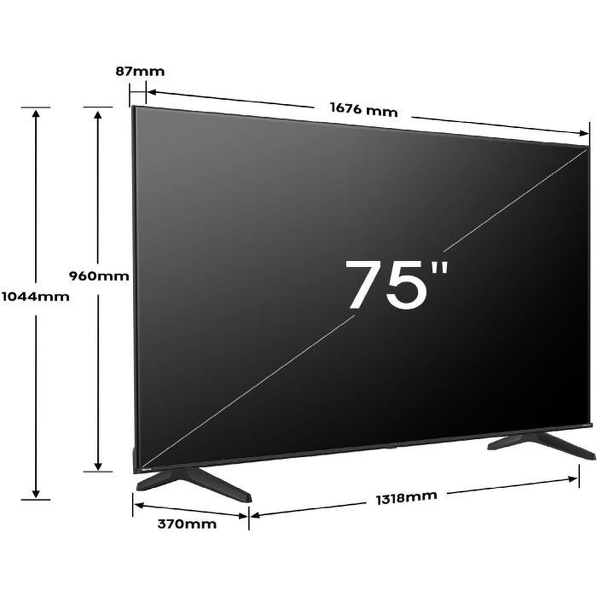 75-Zoll-Fernseher mit Maßen, Breite 1676mm, Höhe 960mm.
