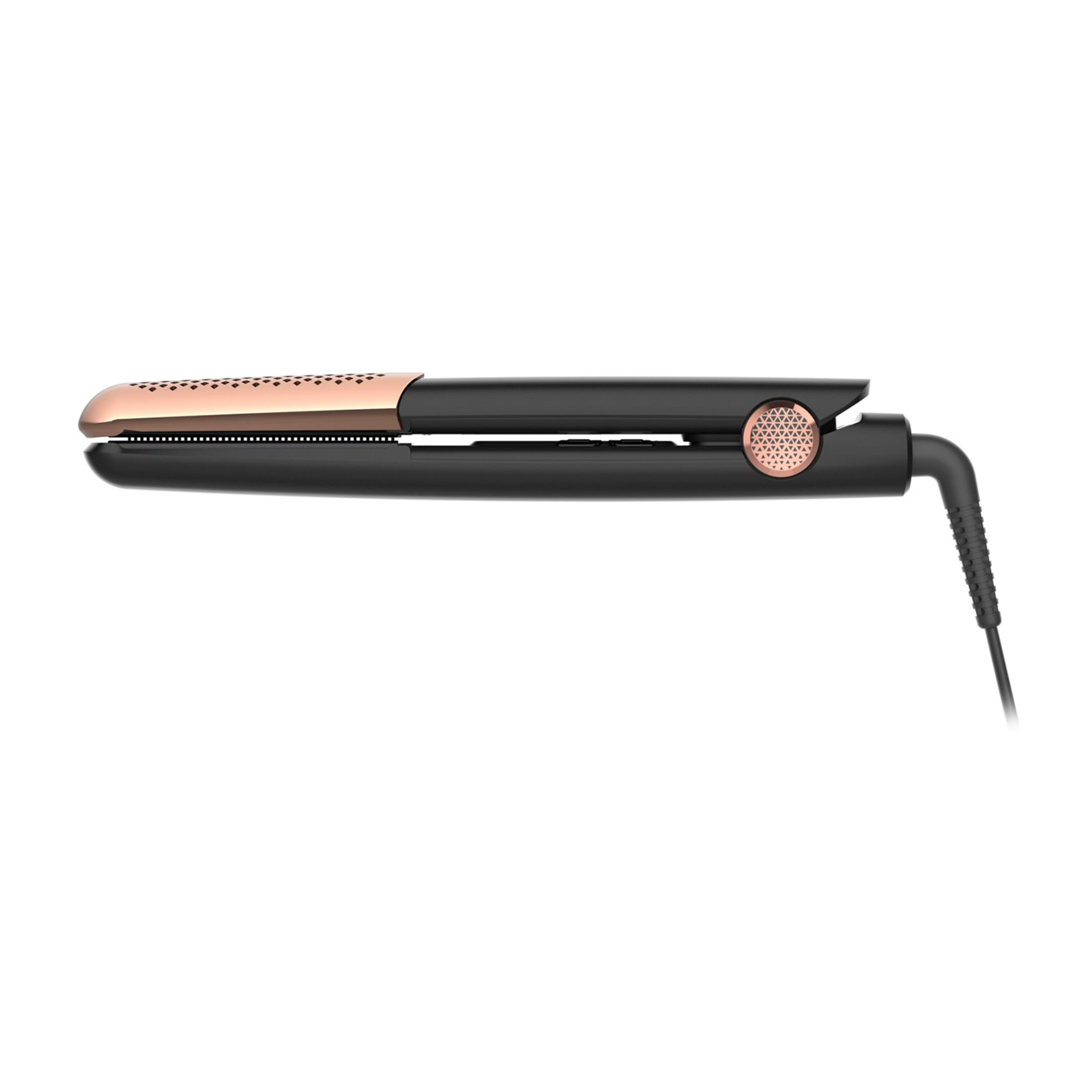 Czarna prostownica z różowo-złotymi akcentami i plecionym kablem.
