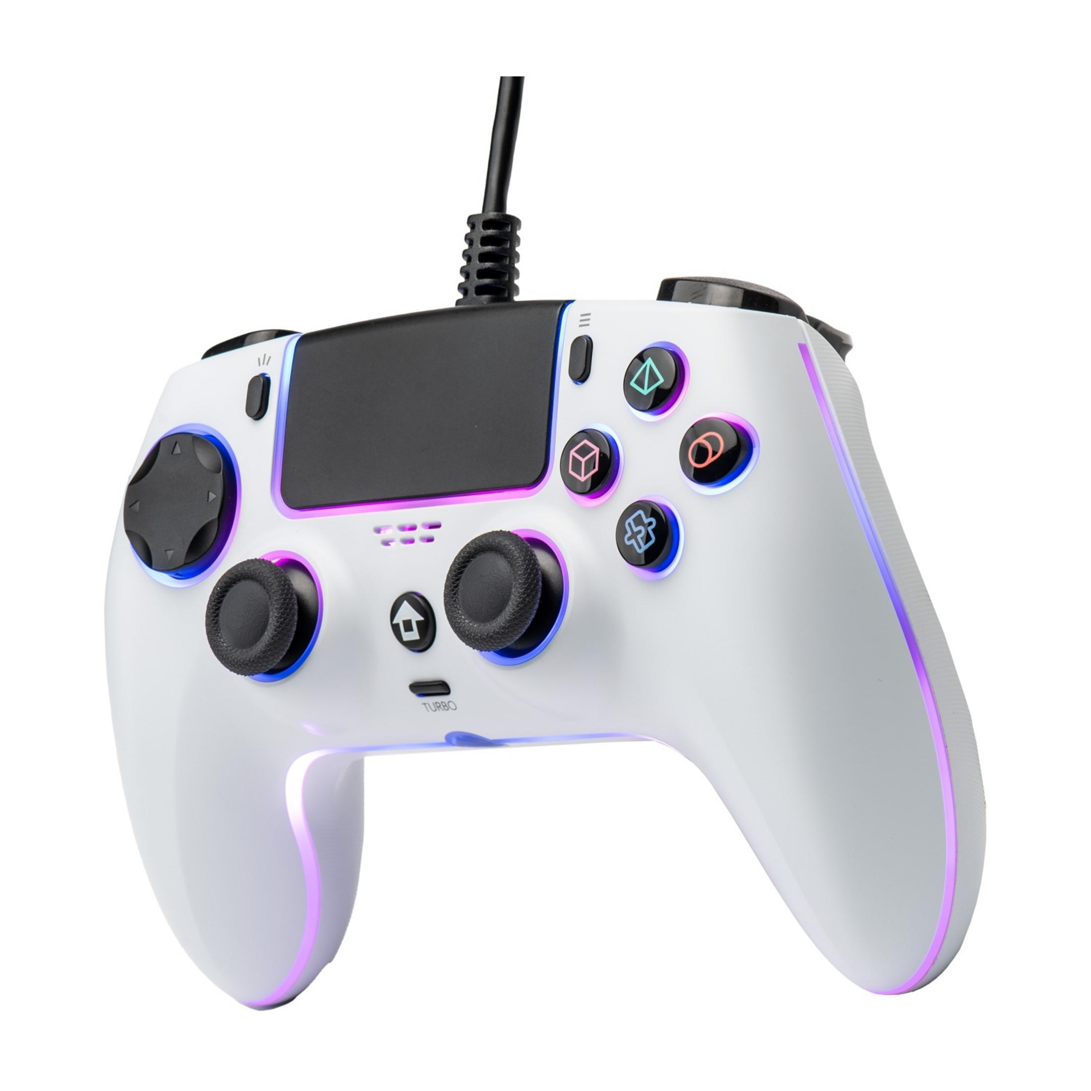 Un controller da gaming bianco con accenti luminosi e cavo nero.