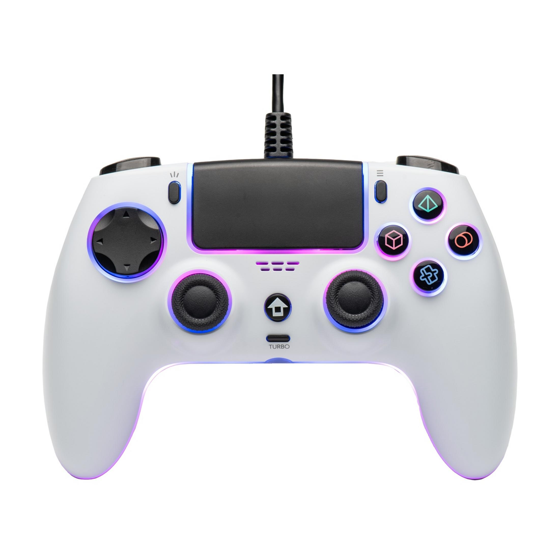 Un controller di gioco bianco con accenti e pulsanti illuminati su sfondo bianco.