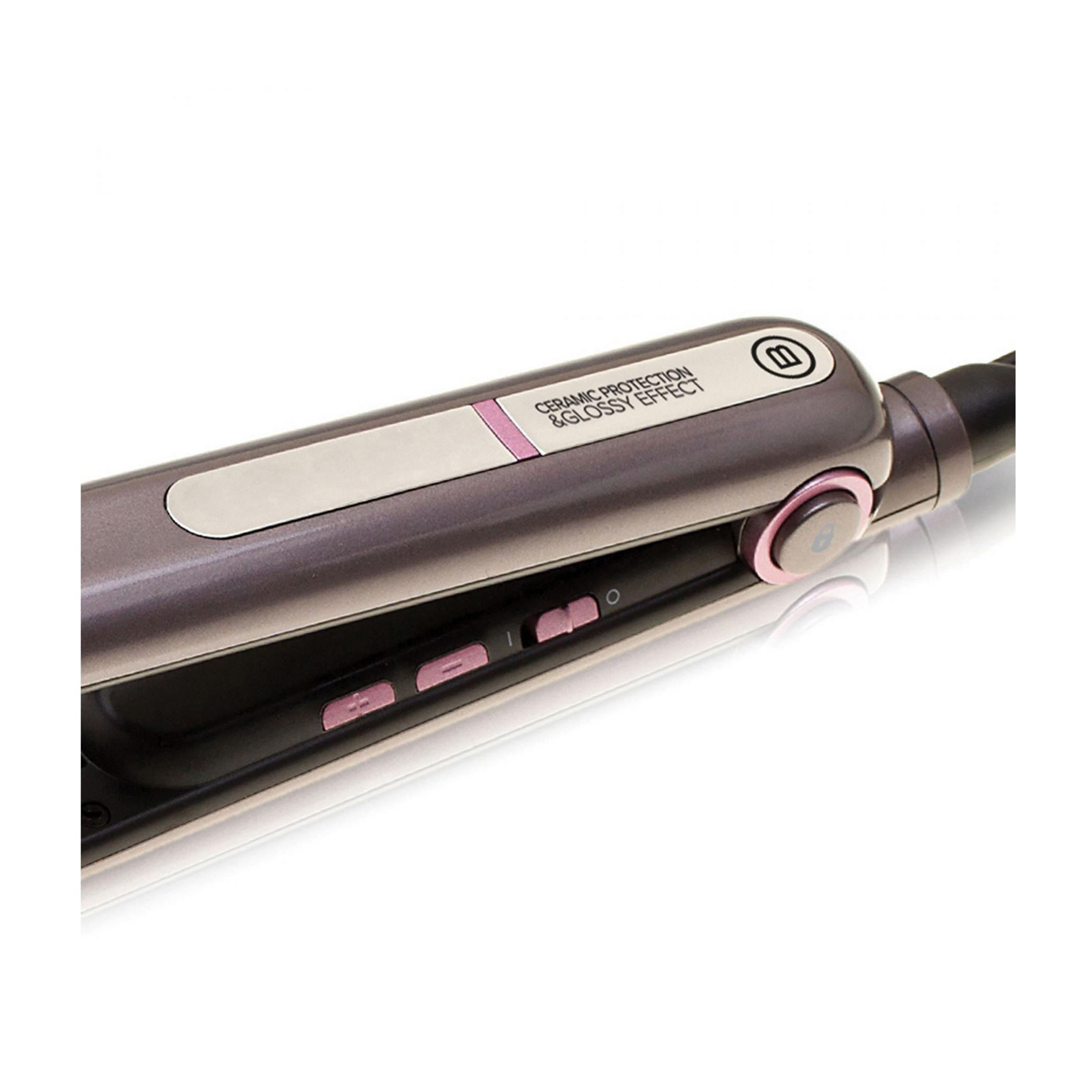 Piastra per capelli grigia con pulsanti rosa e striscia argentata. "Ceramic Protection".