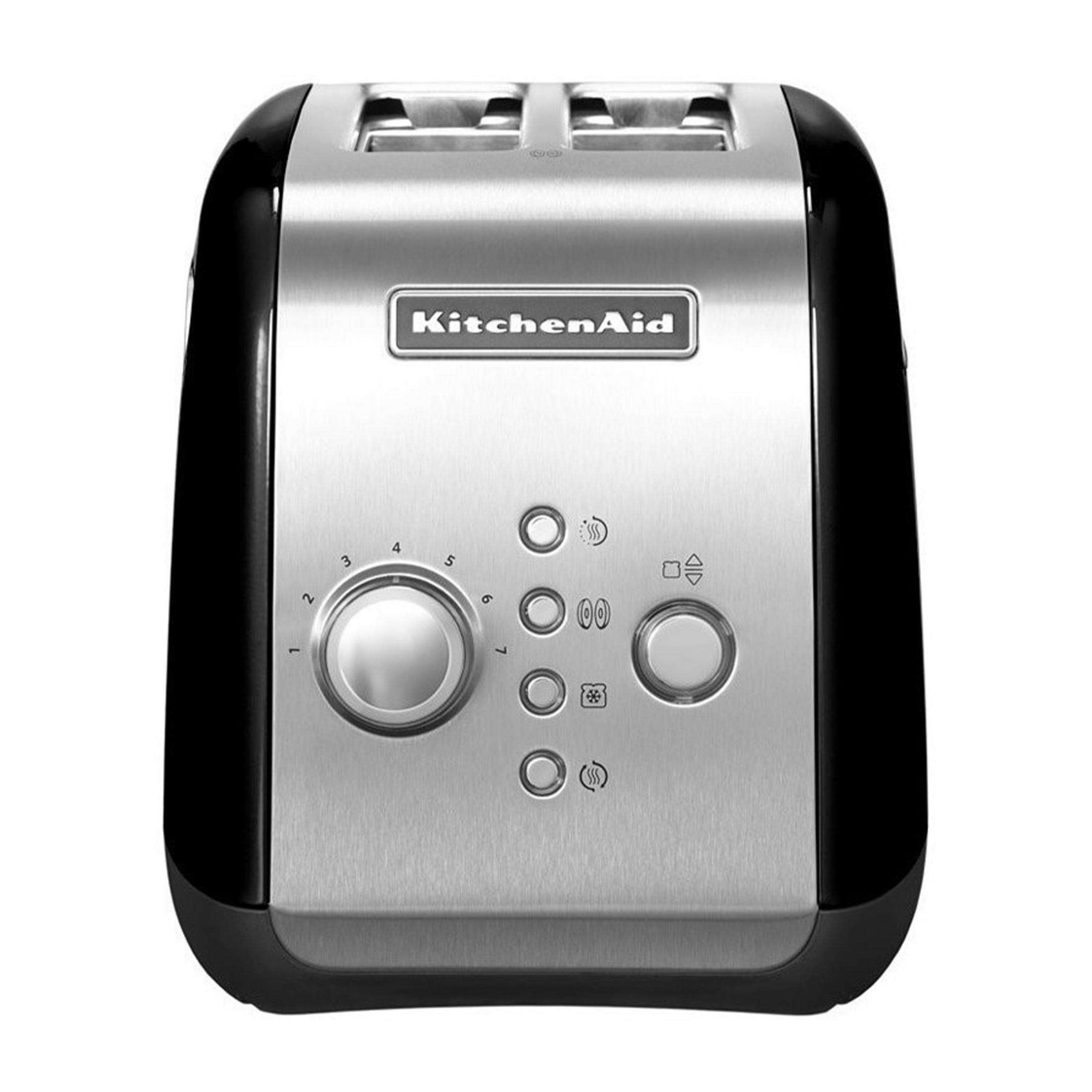 A black KitchenAid toaster with stainless steel accents and controls.
