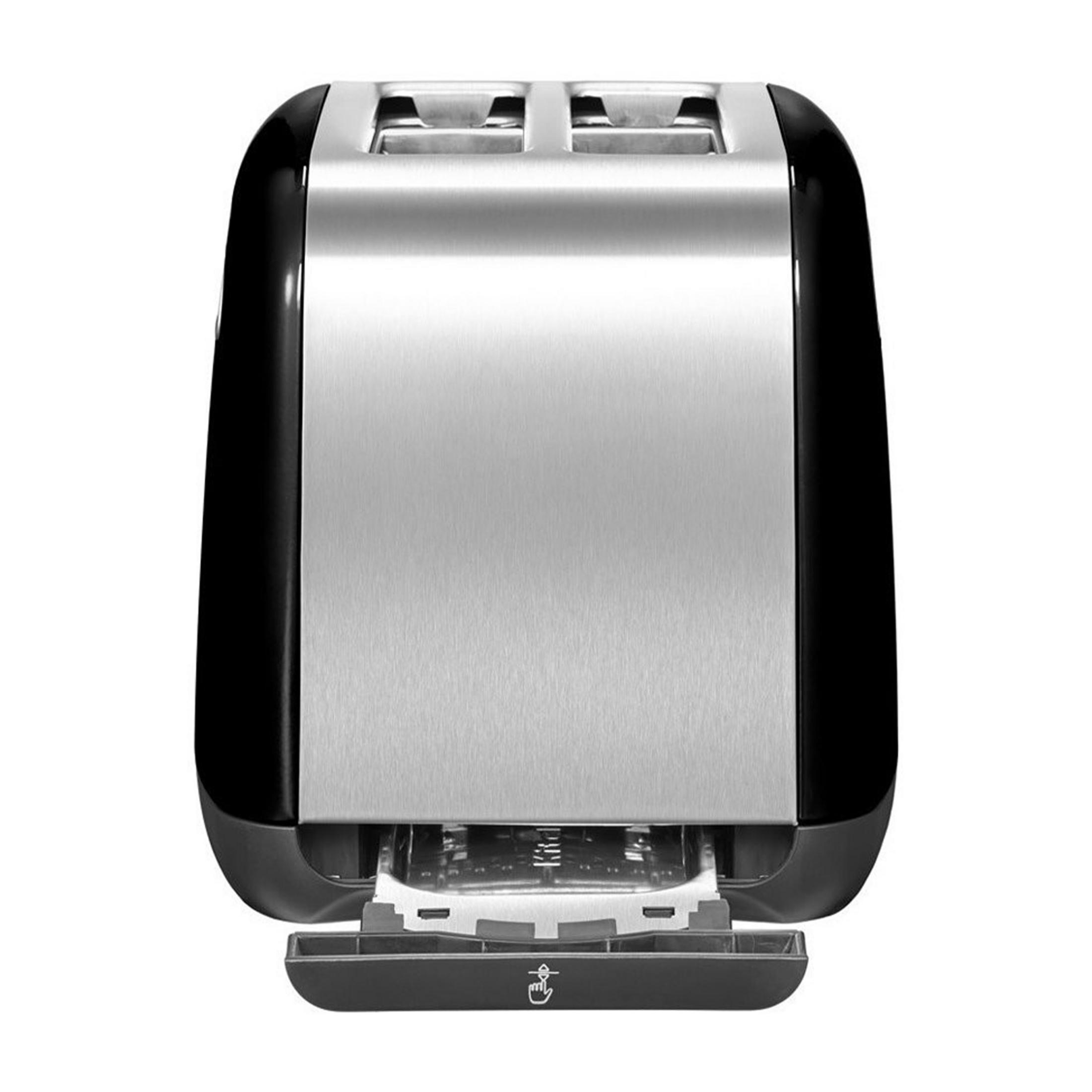 A black toaster with stainless steel accents and two slots.