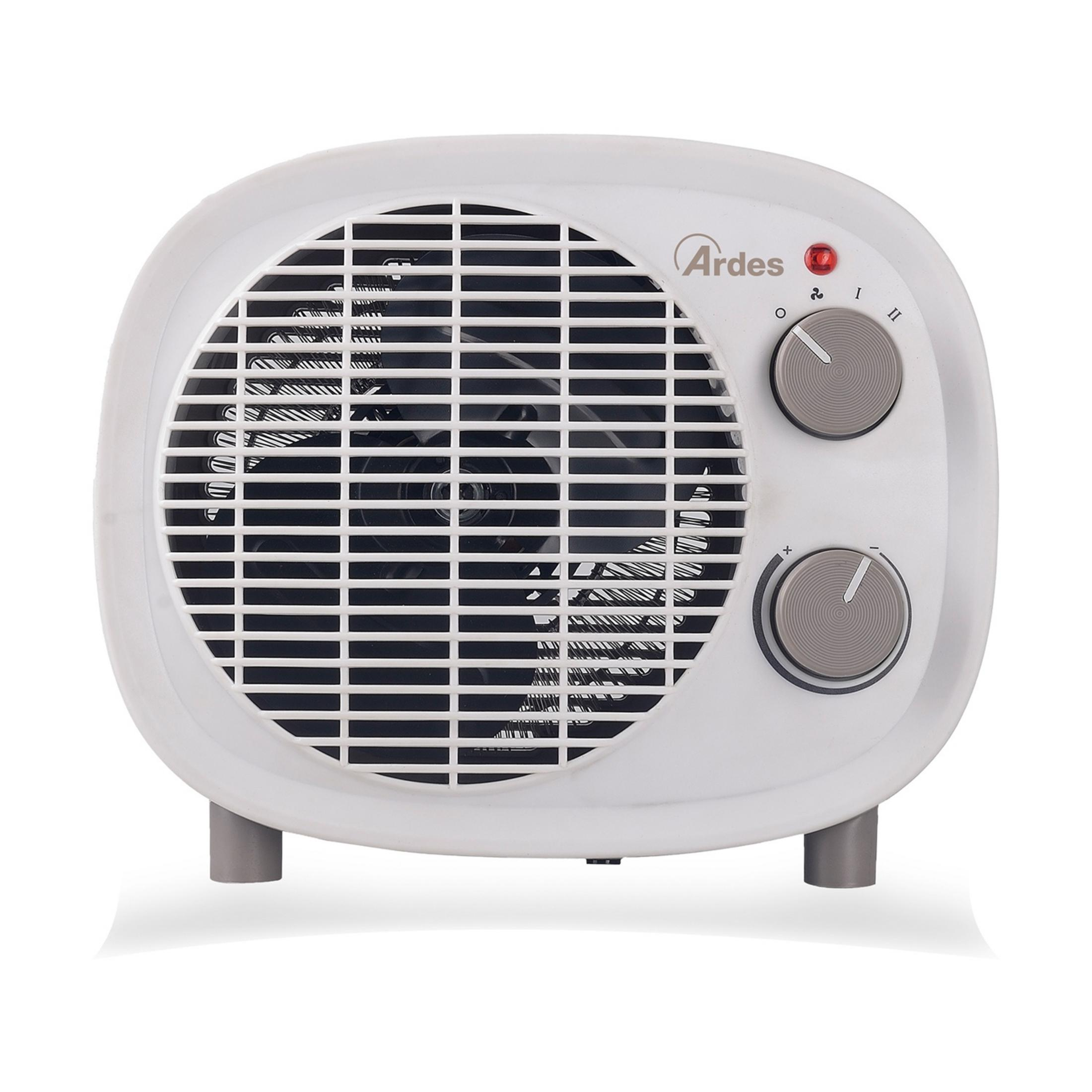 Una stufetta a ventilatore bianca con manopole grigie e una lucina rossa.