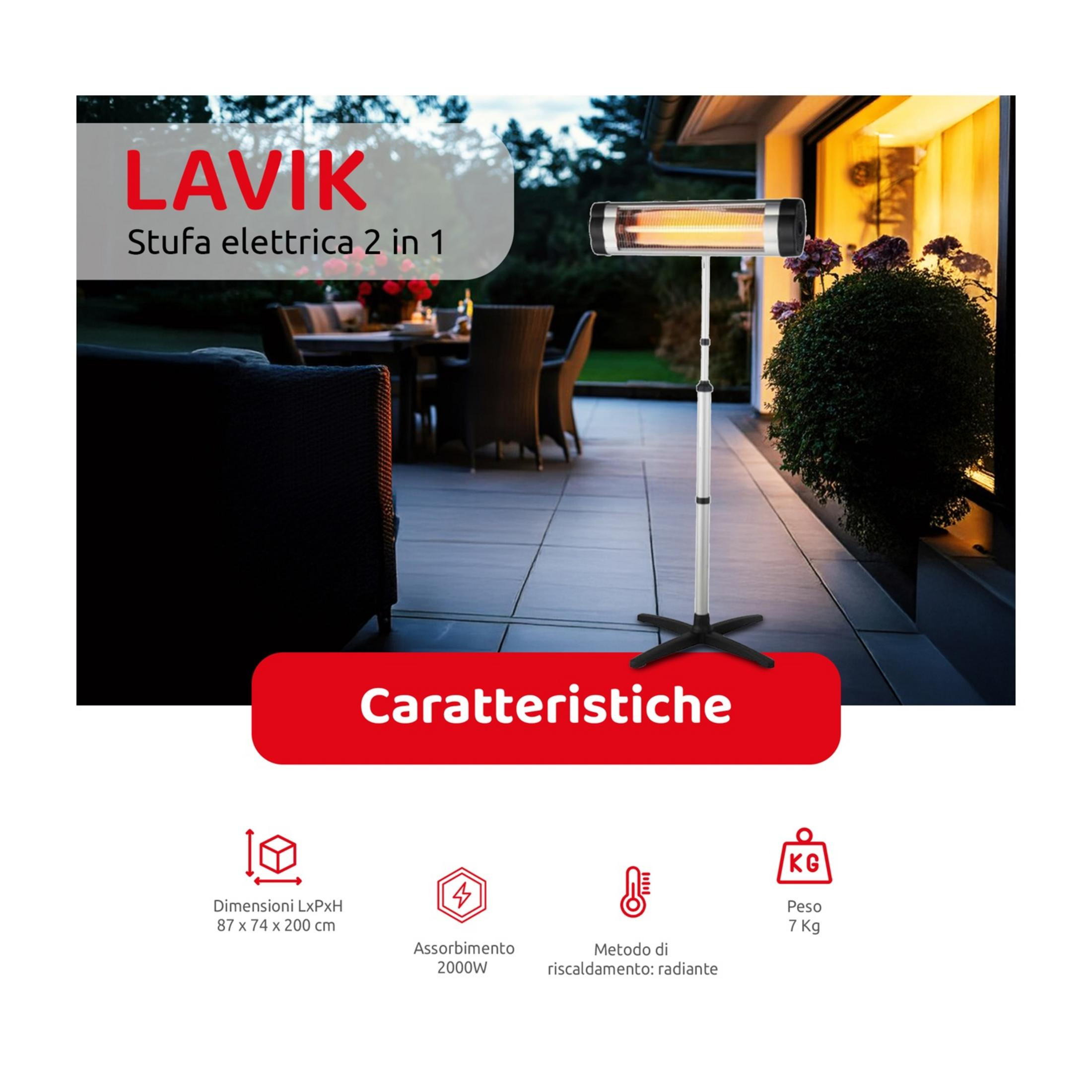 Un calefactor eléctrico exterior LAVIK se alza en un patio con muebles de jardín al fondo.