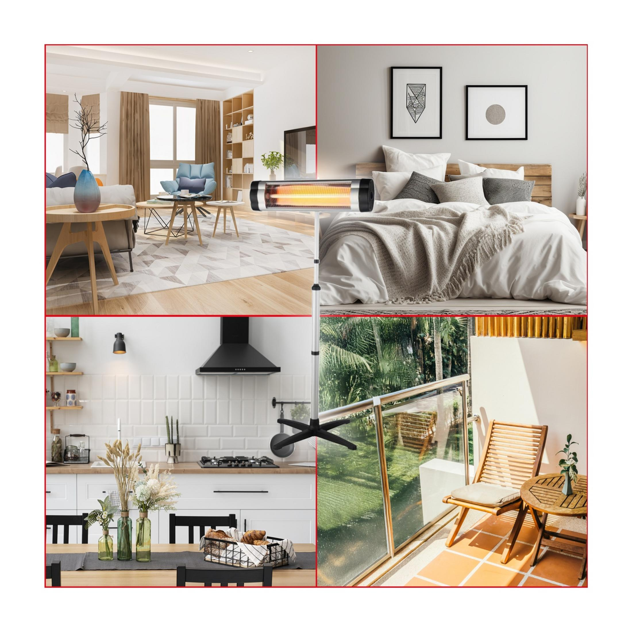 Colage de sala, dormitorio, cocina y balcón.