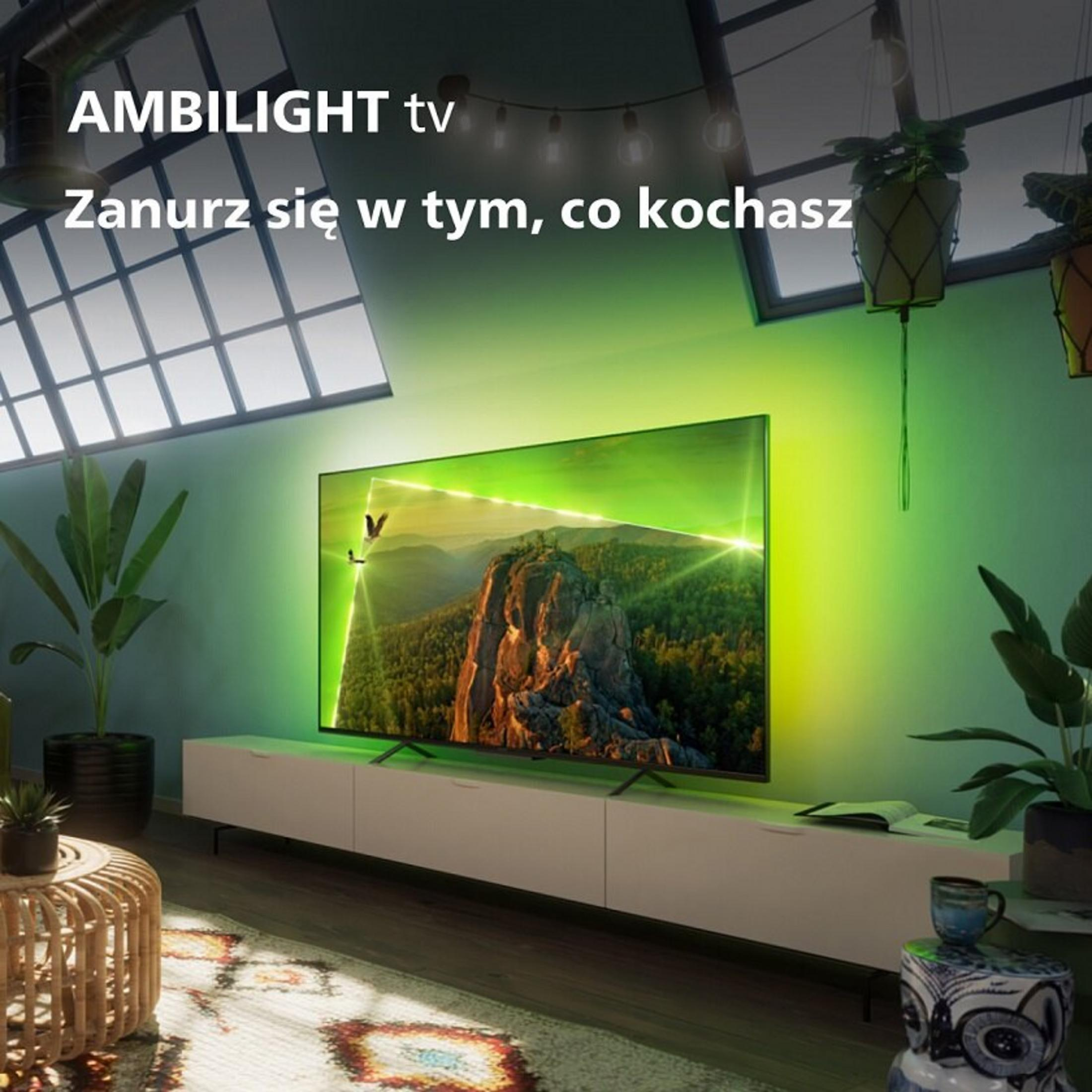Un televisor grande con Ambilight muestra un paisaje montañoso. Las plantas decoran la sala.