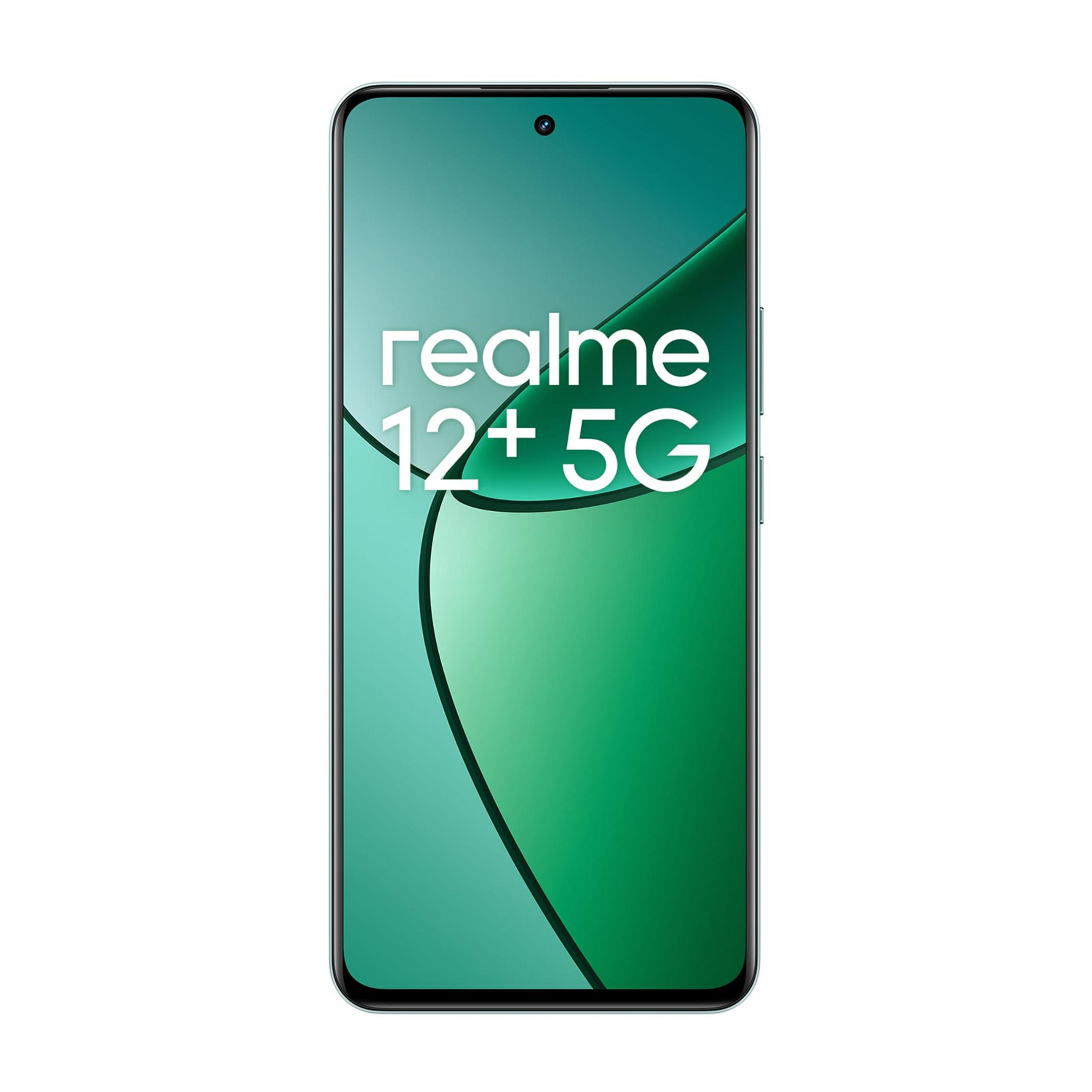 Uno smartphone Realme 12+ 5G su sfondo verde.