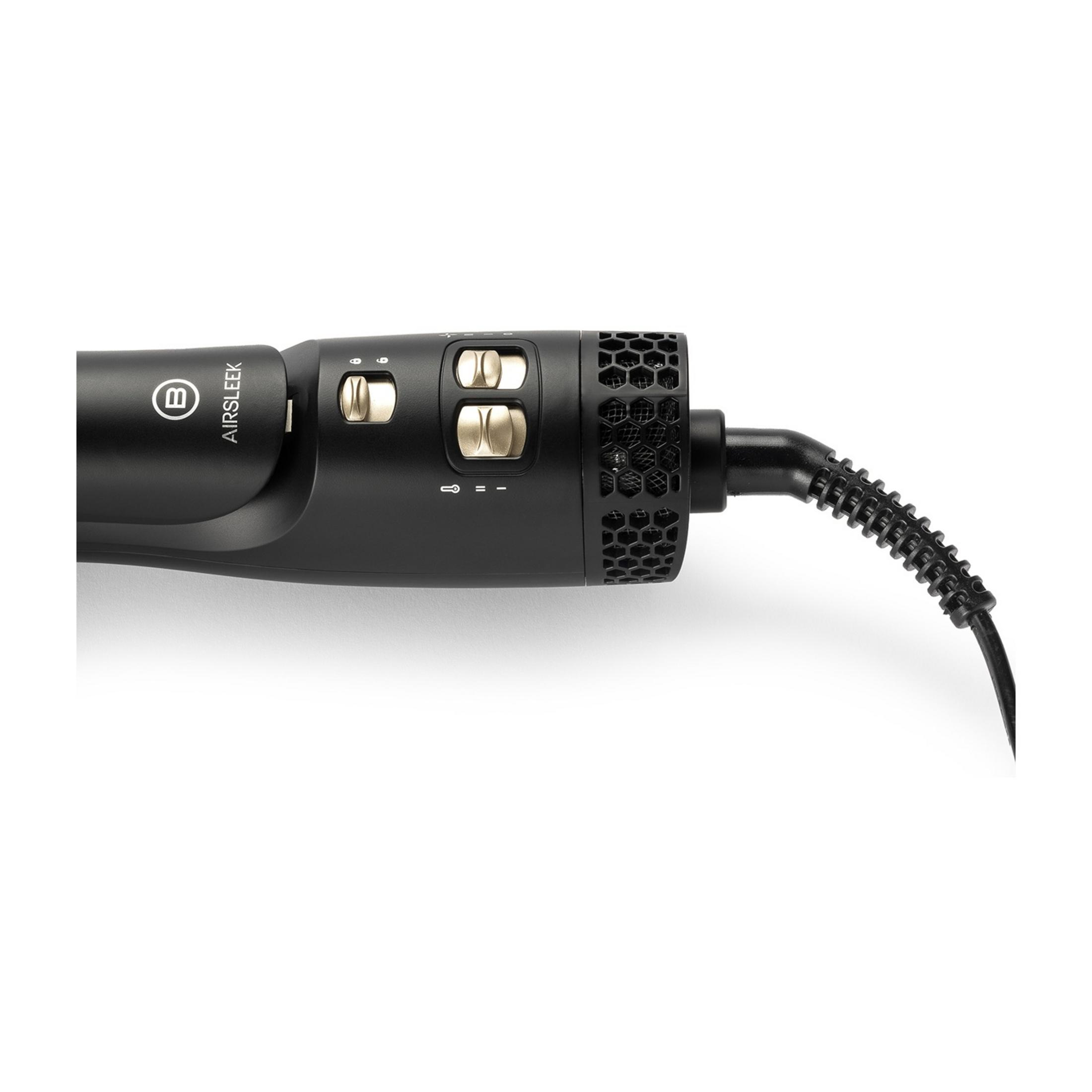 Czarna suszarka do włosów ze złotymi kontrolkami, sześciokątnym otworem wentylacyjnym i spiralnym kablem.