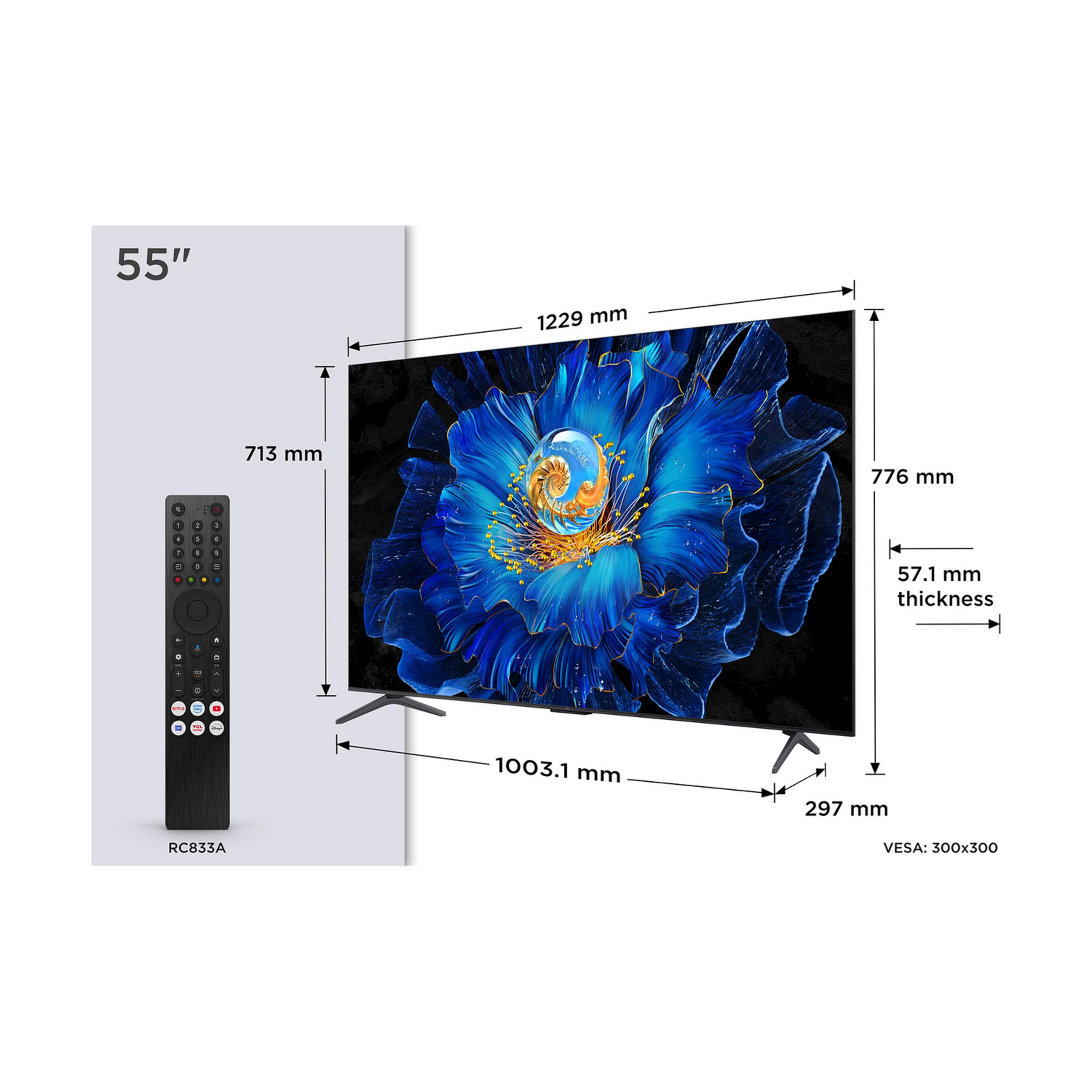 TV da 55 pollici con telecomando e dimensioni.