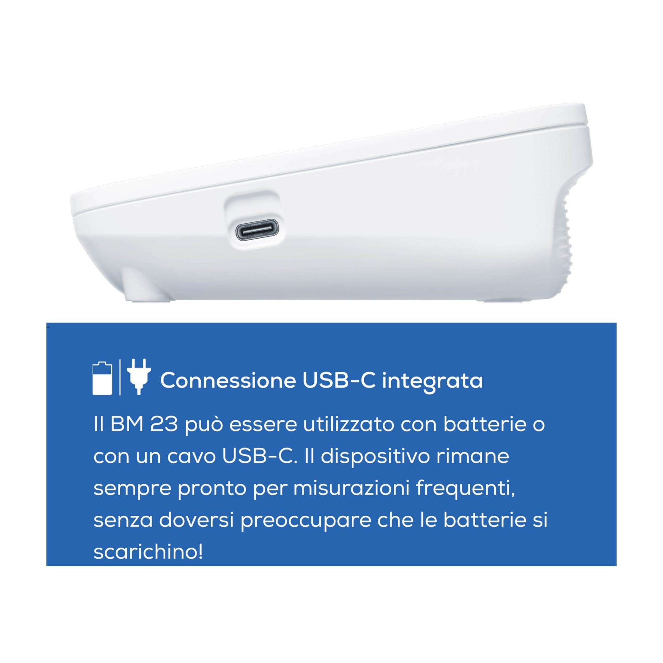 Ein weißes Gerät mit USB-C-Anschluss. Integrierte USB-C-Verbindung.