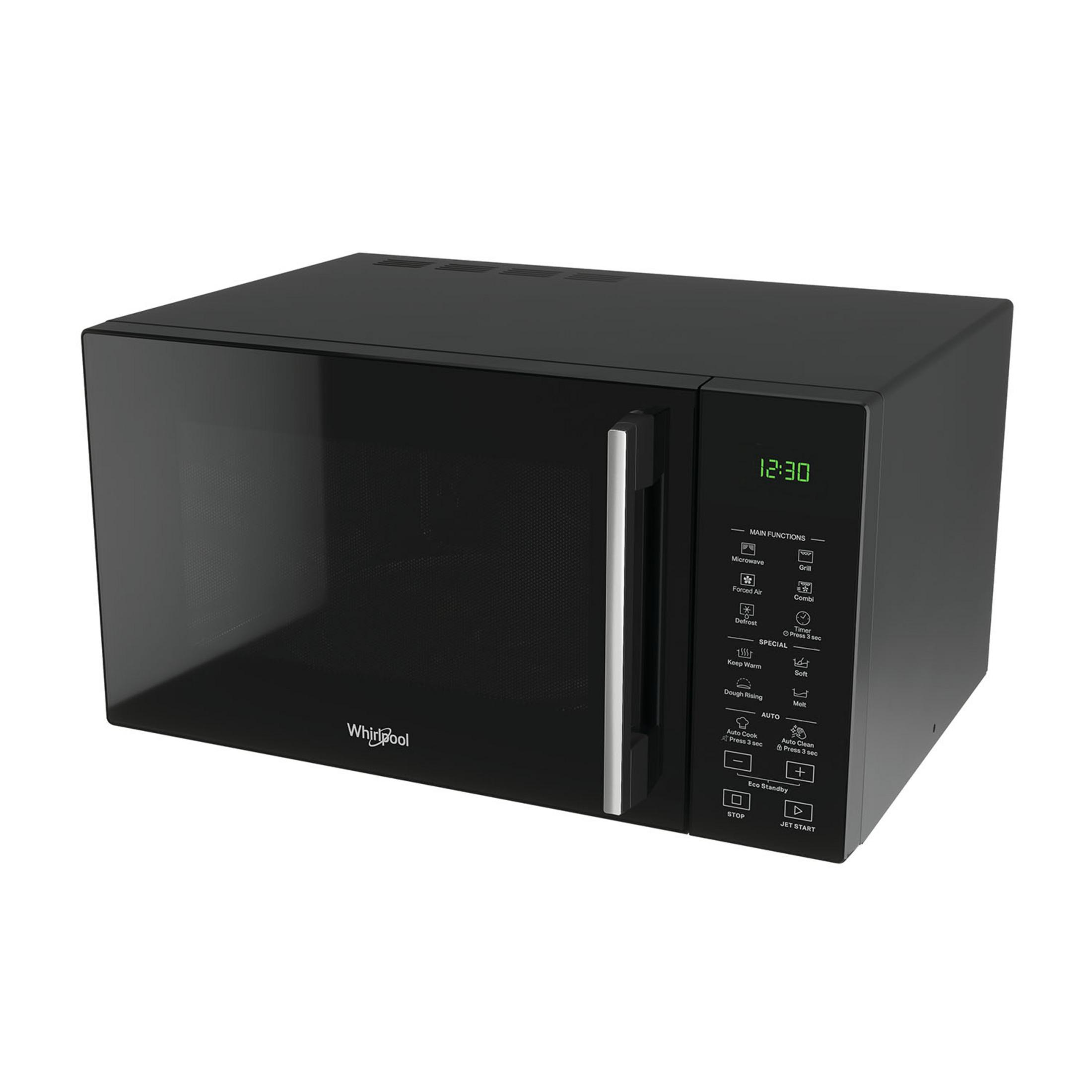 Czarna kuchenka mikrofalowa z srebrną rączką i cyfrowym wyświetlaczem.