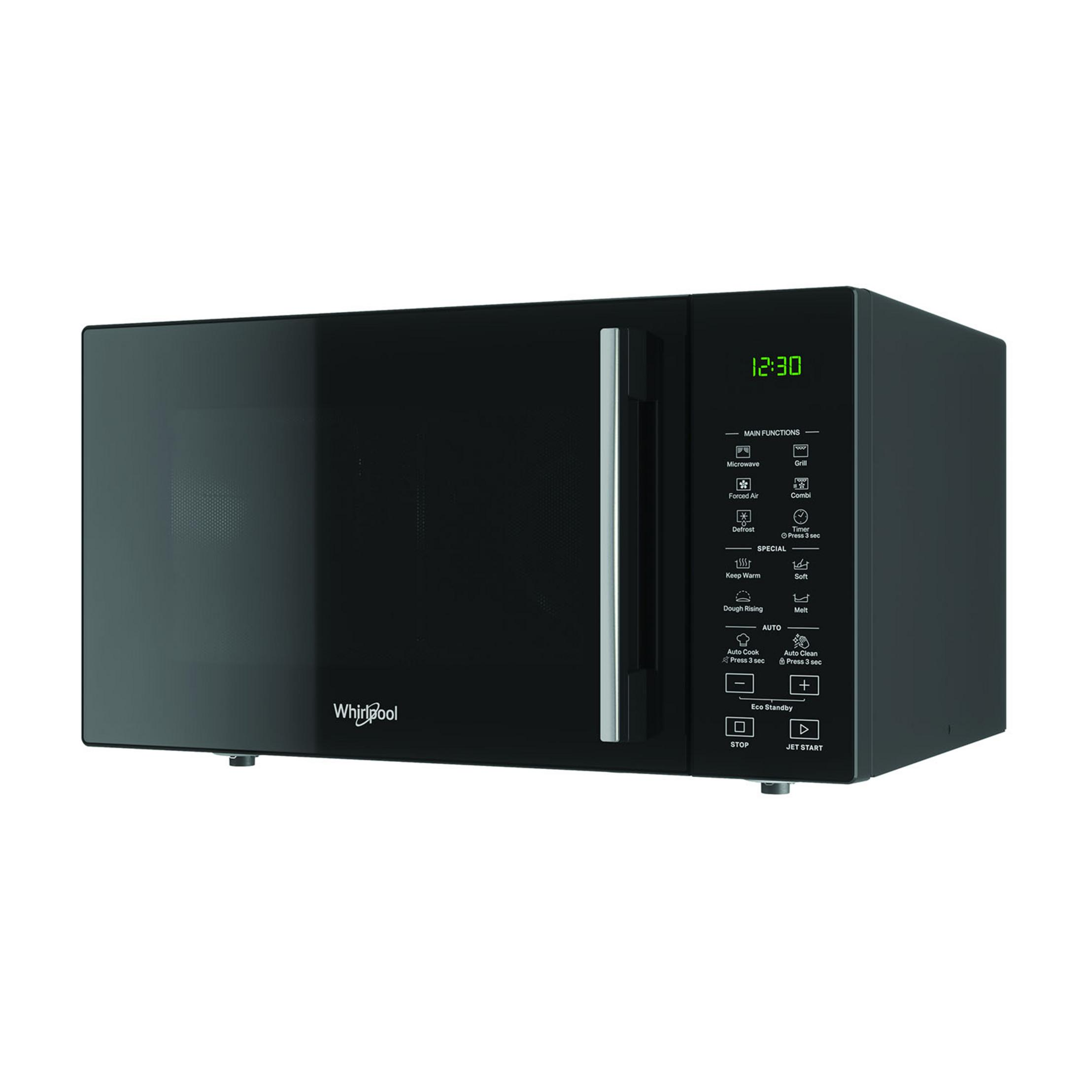 Czarna kuchenka mikrofalowa Whirlpool z cyfrowym wyświetlaczem.