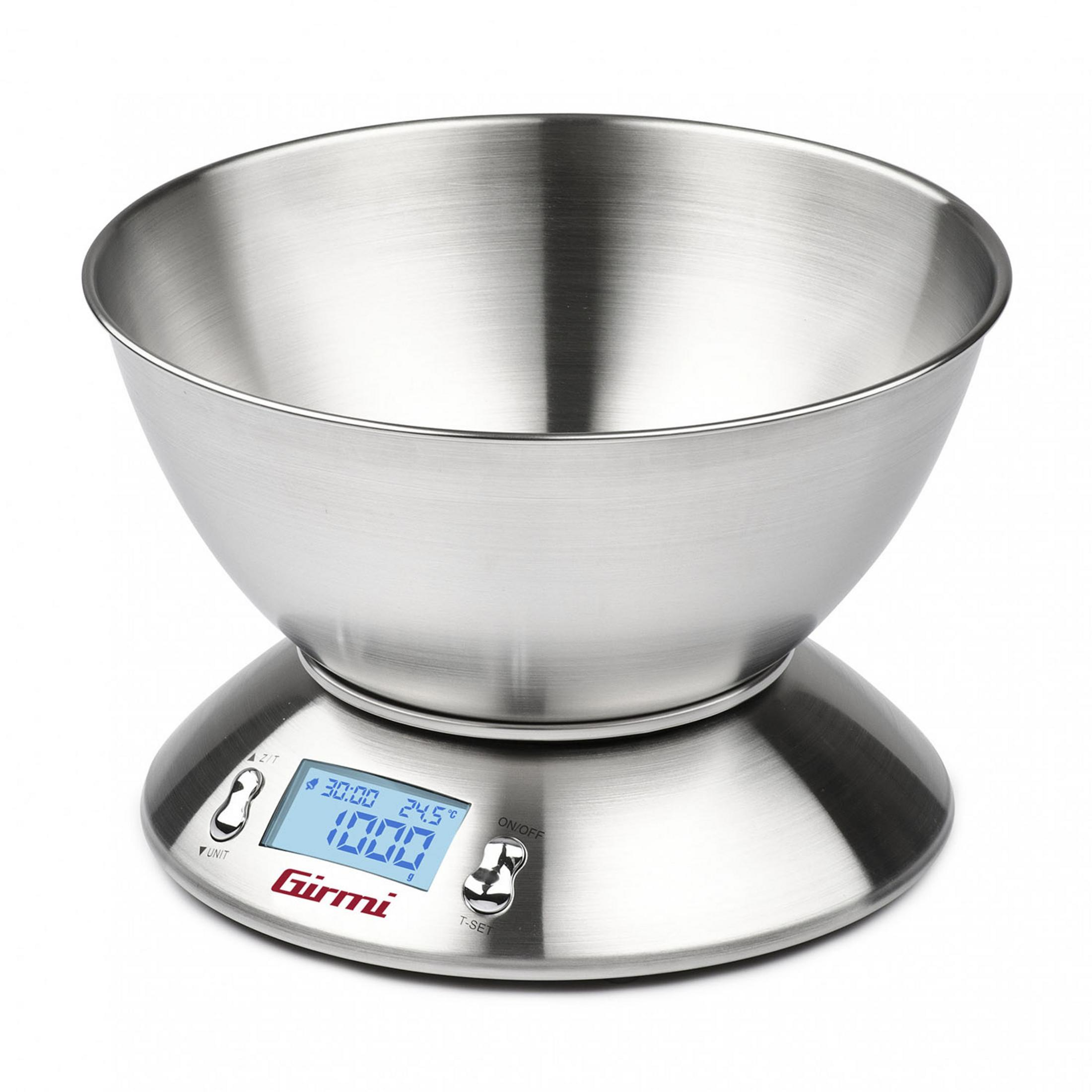 Cyfrowa waga kuchenna ze stali nierdzewnej z miską i wyświetlaczem LCD.