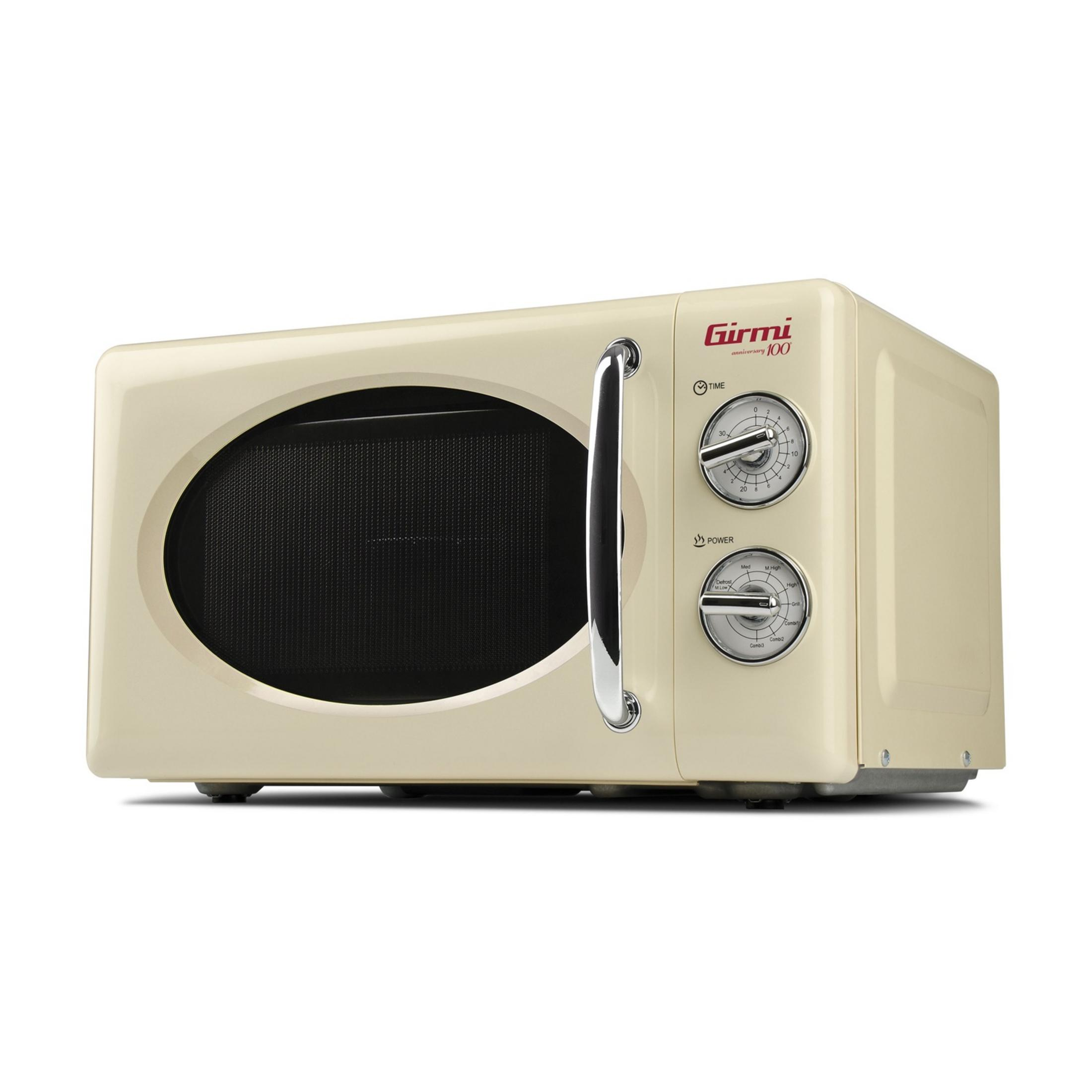 Kremowy, retro kuchenka mikrofalowa z srebrną rączką i dwoma pokrętłami.