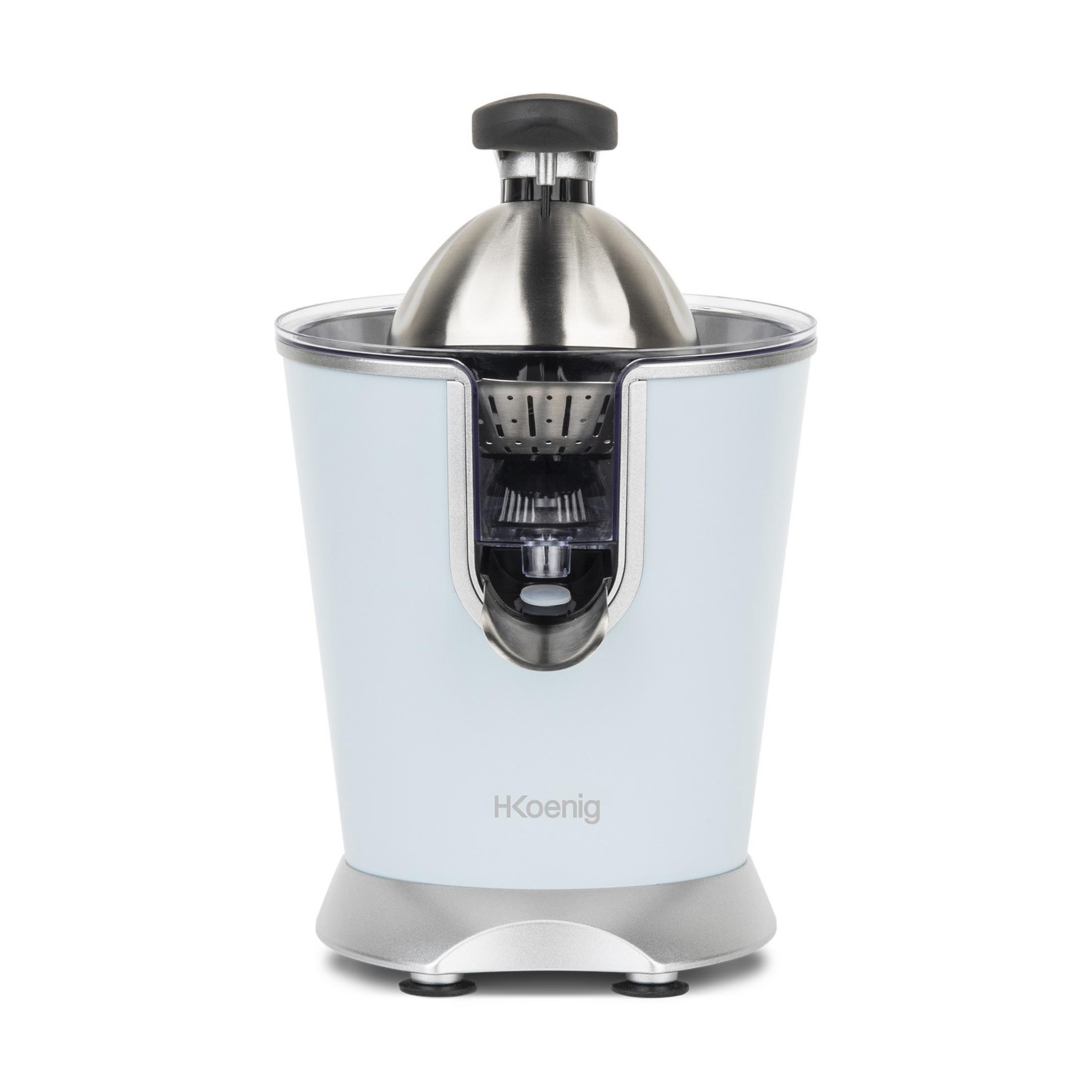 Jasnoniebieska wyciskarka do cytrusów z srebrnymi akcentami i czarną rączką.