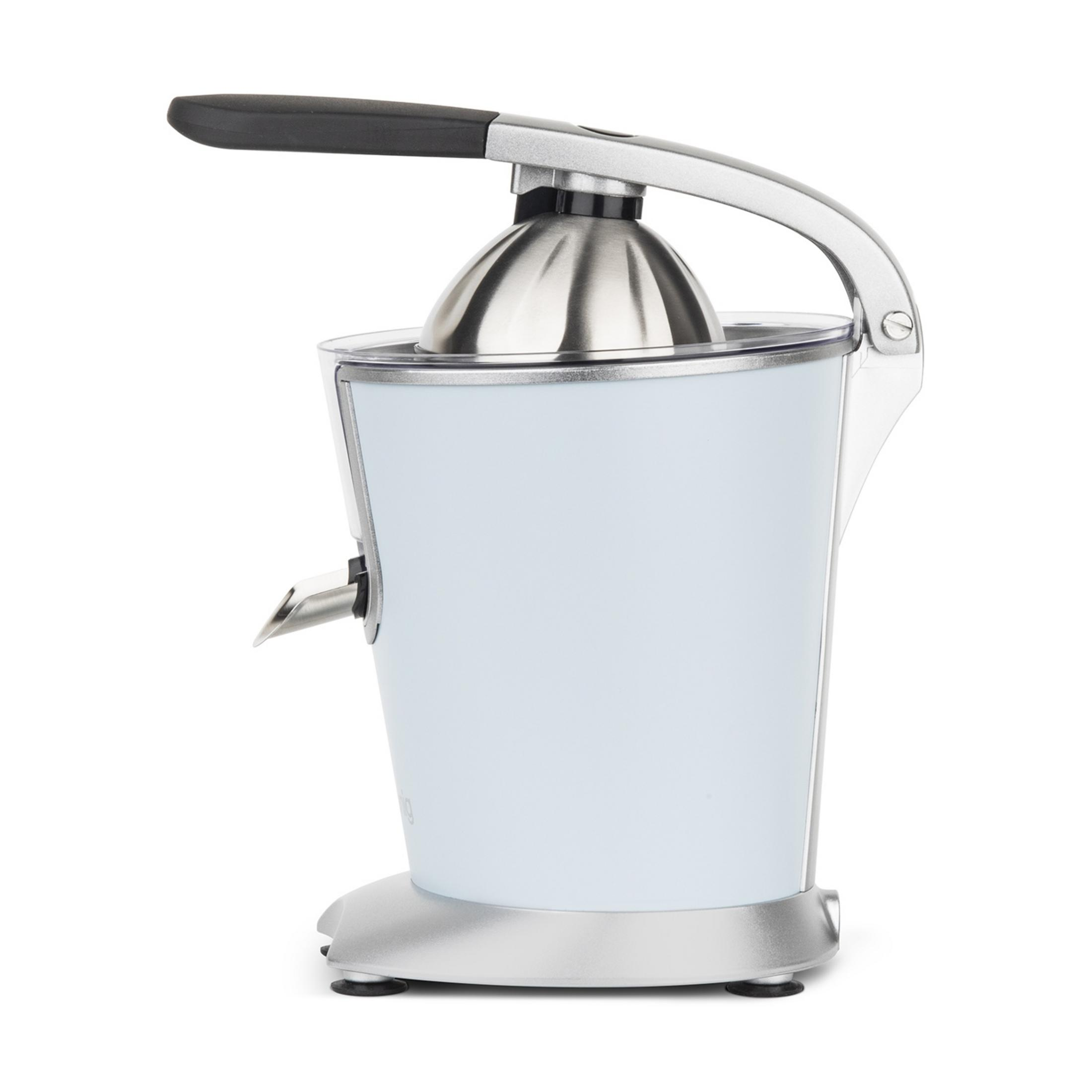 Jasnoniebieska wyciskarka do cytrusów ze srebrną rączką i wylewką.