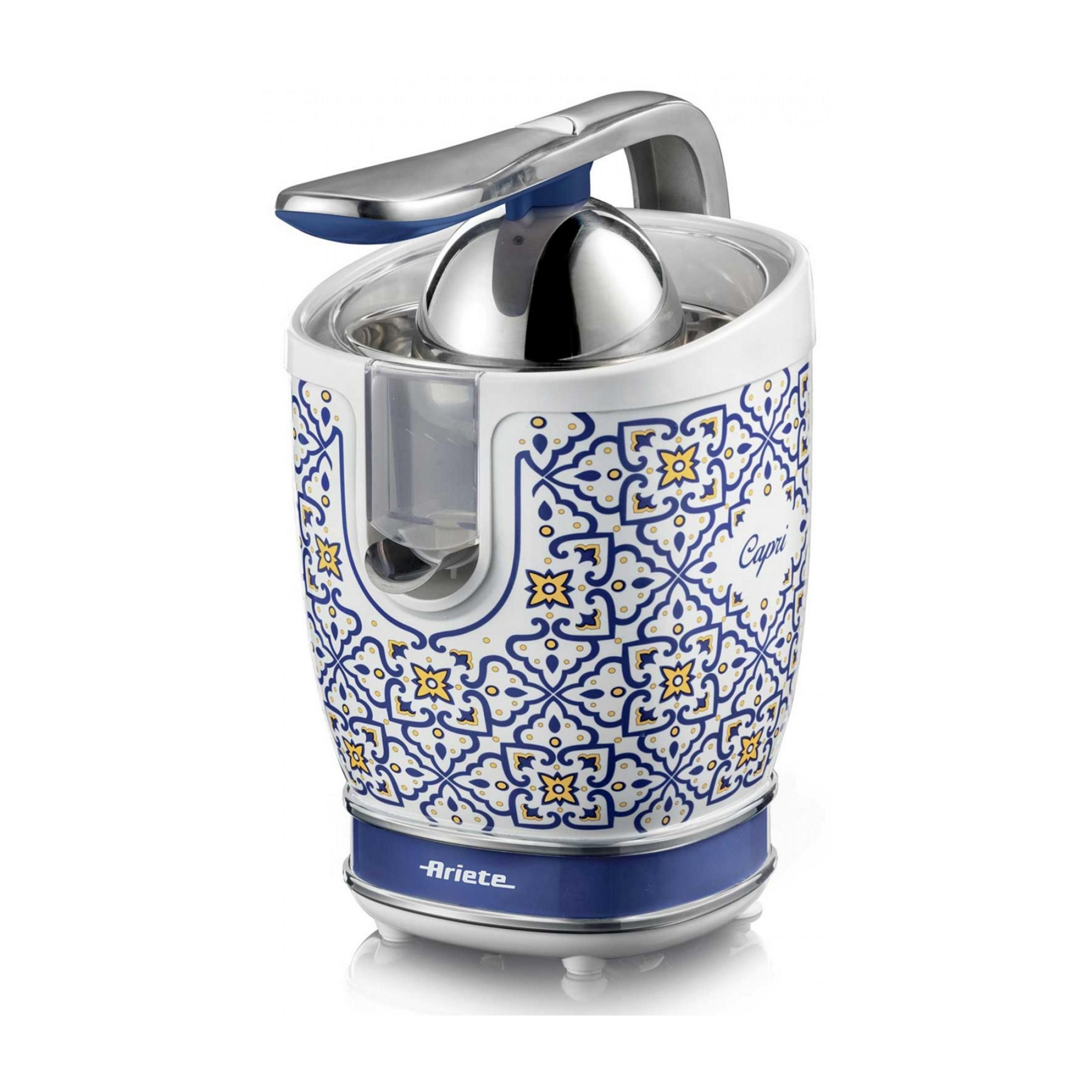 Elektryczna wyciskarka do cytrusów z niebiesko-żółtym wzorem i chromowanymi detalami.