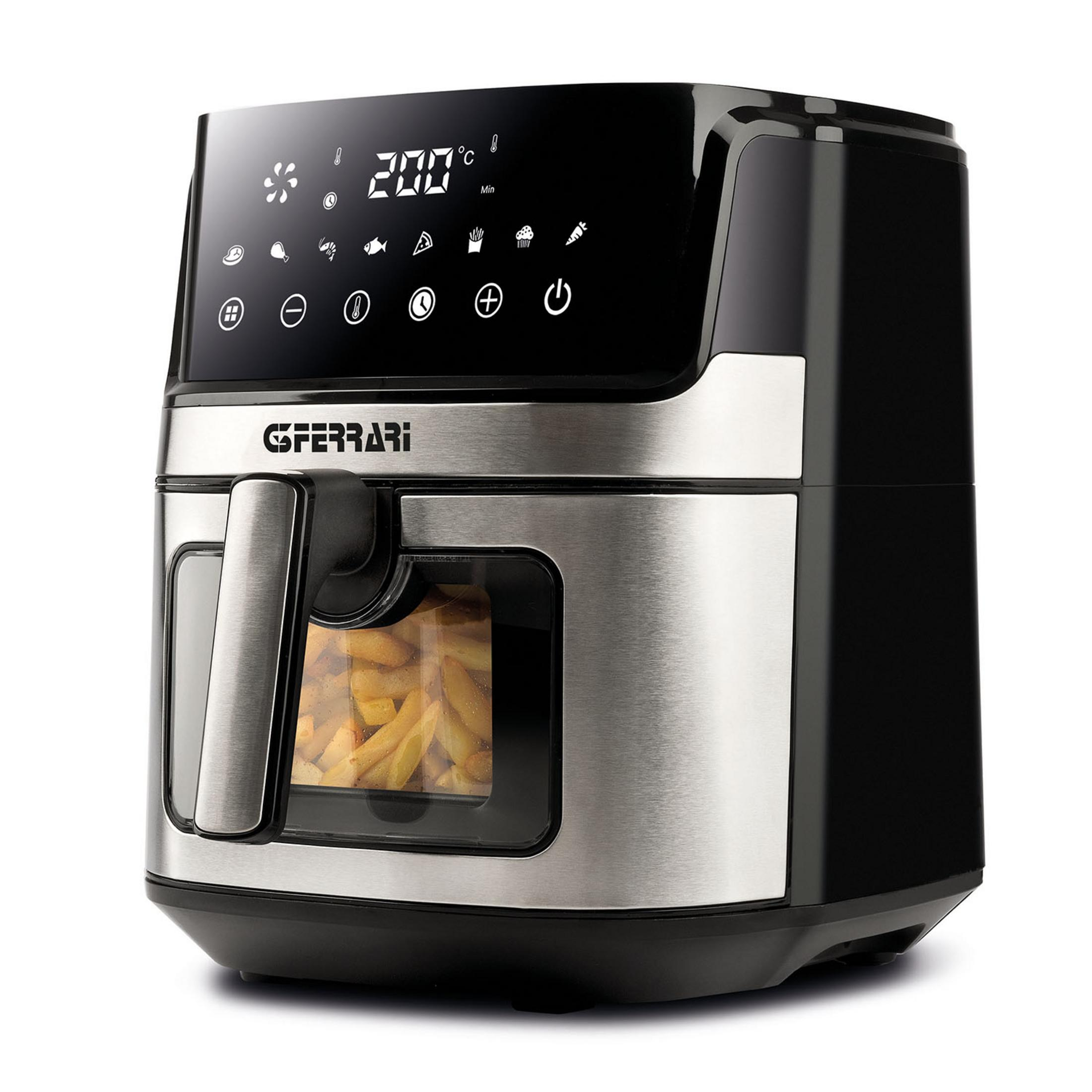 Srebrna i czarna frytkownica beztłuszczowa z frytkami w koszu.