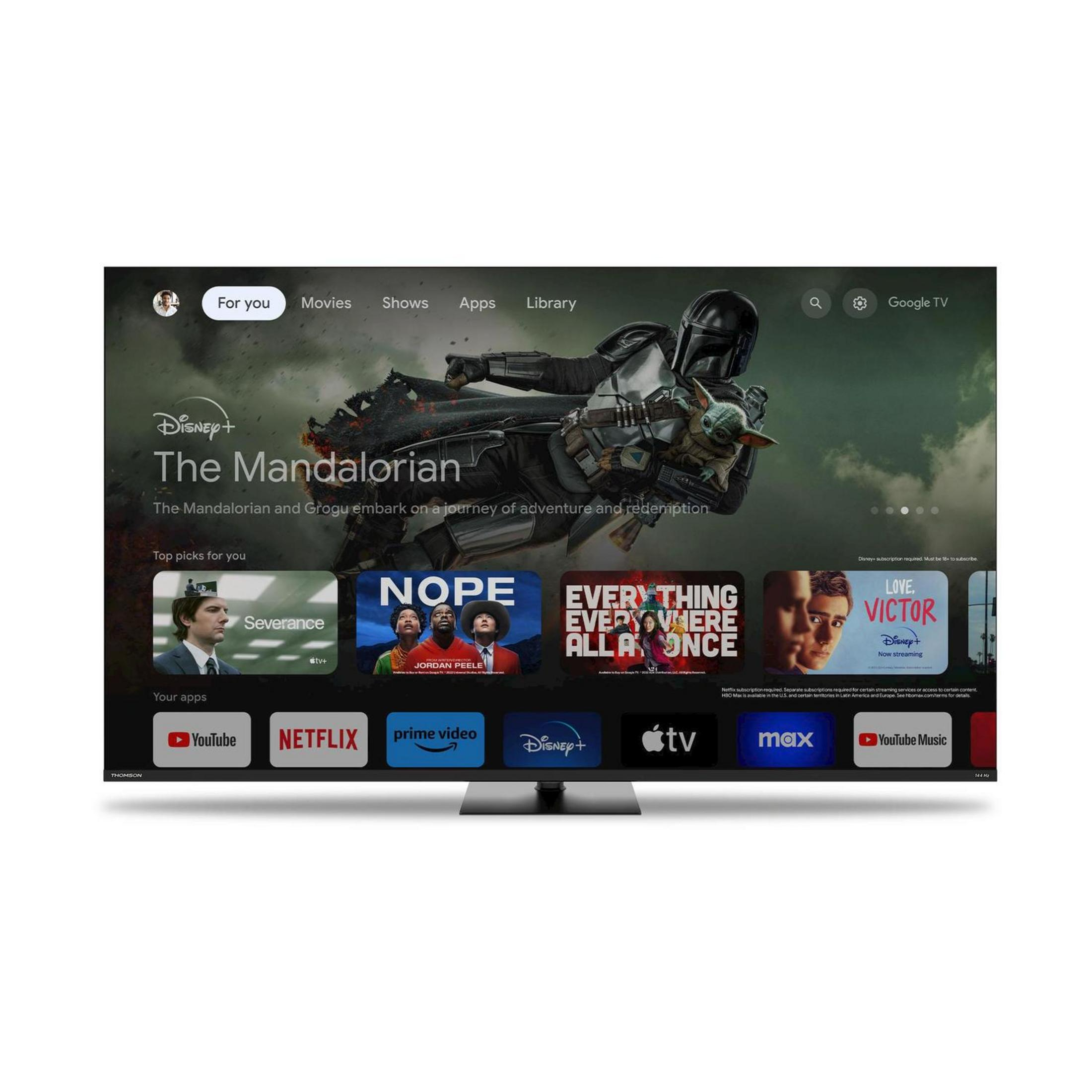 Pantalla de inicio de Google TV con The Mandalorian e íconos de apps.