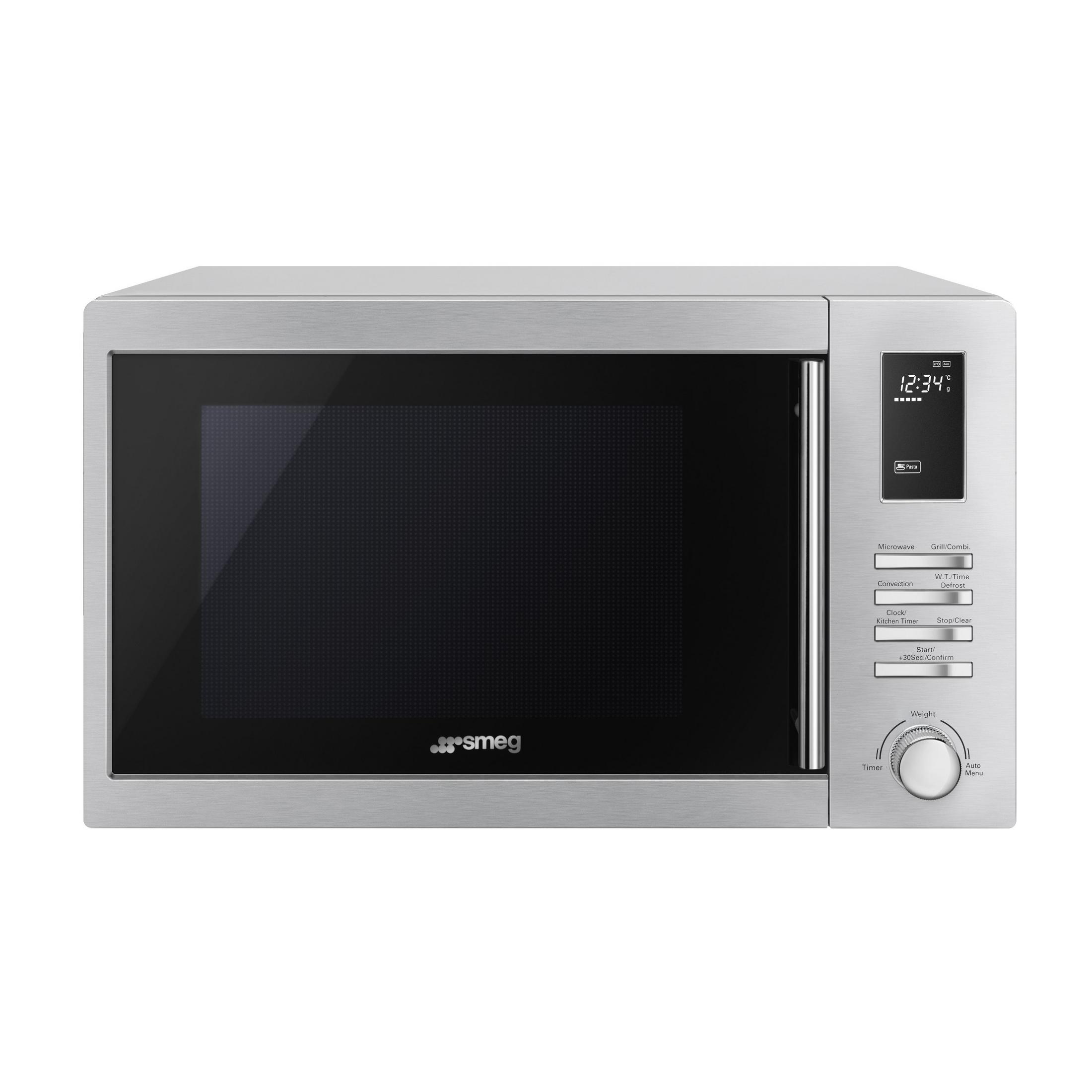 Horno microondas Smeg plateado con puerta negra y panel de control.
