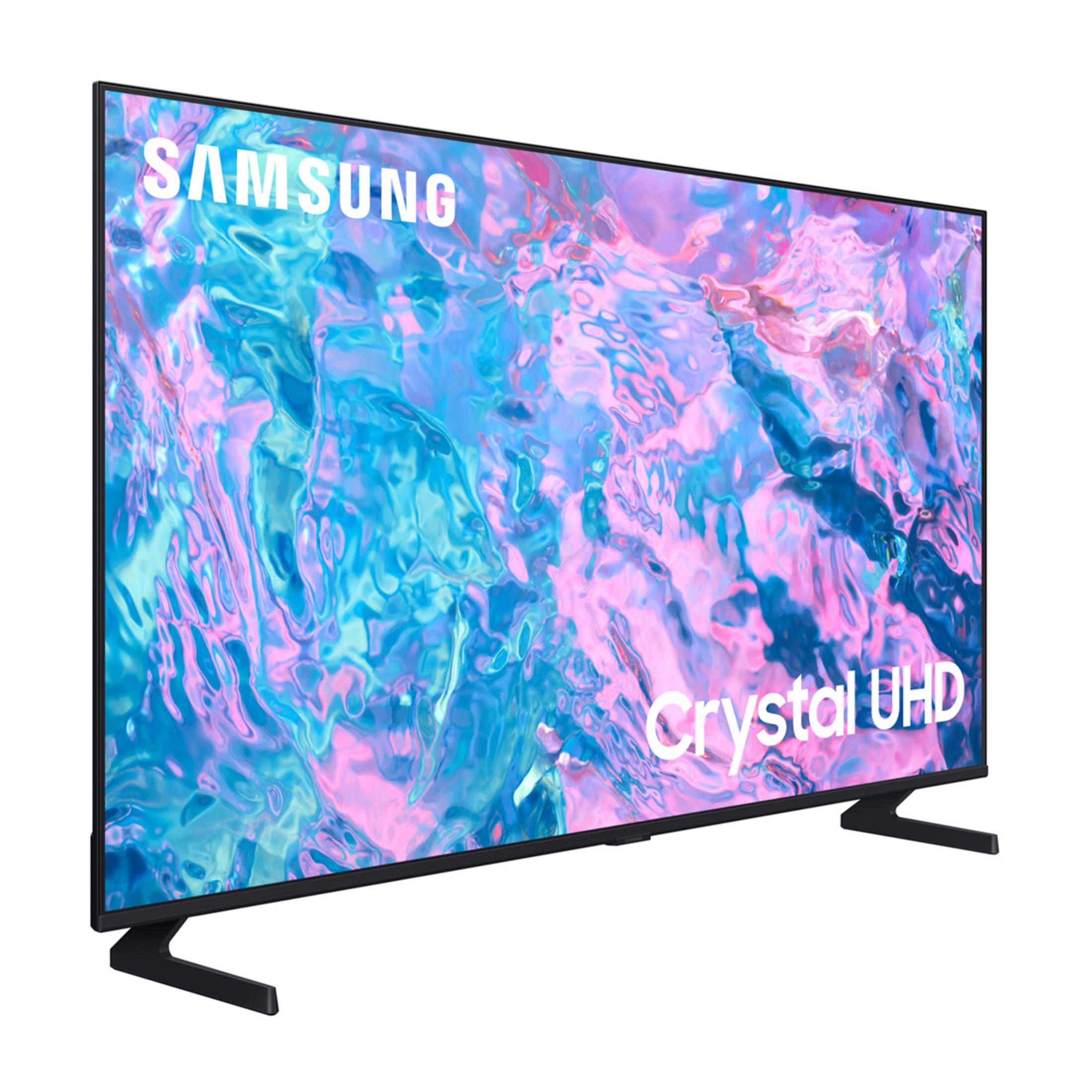 Telewizor Samsung Crystal UHD z niebiesko-różowym wzorem na ekranie.
