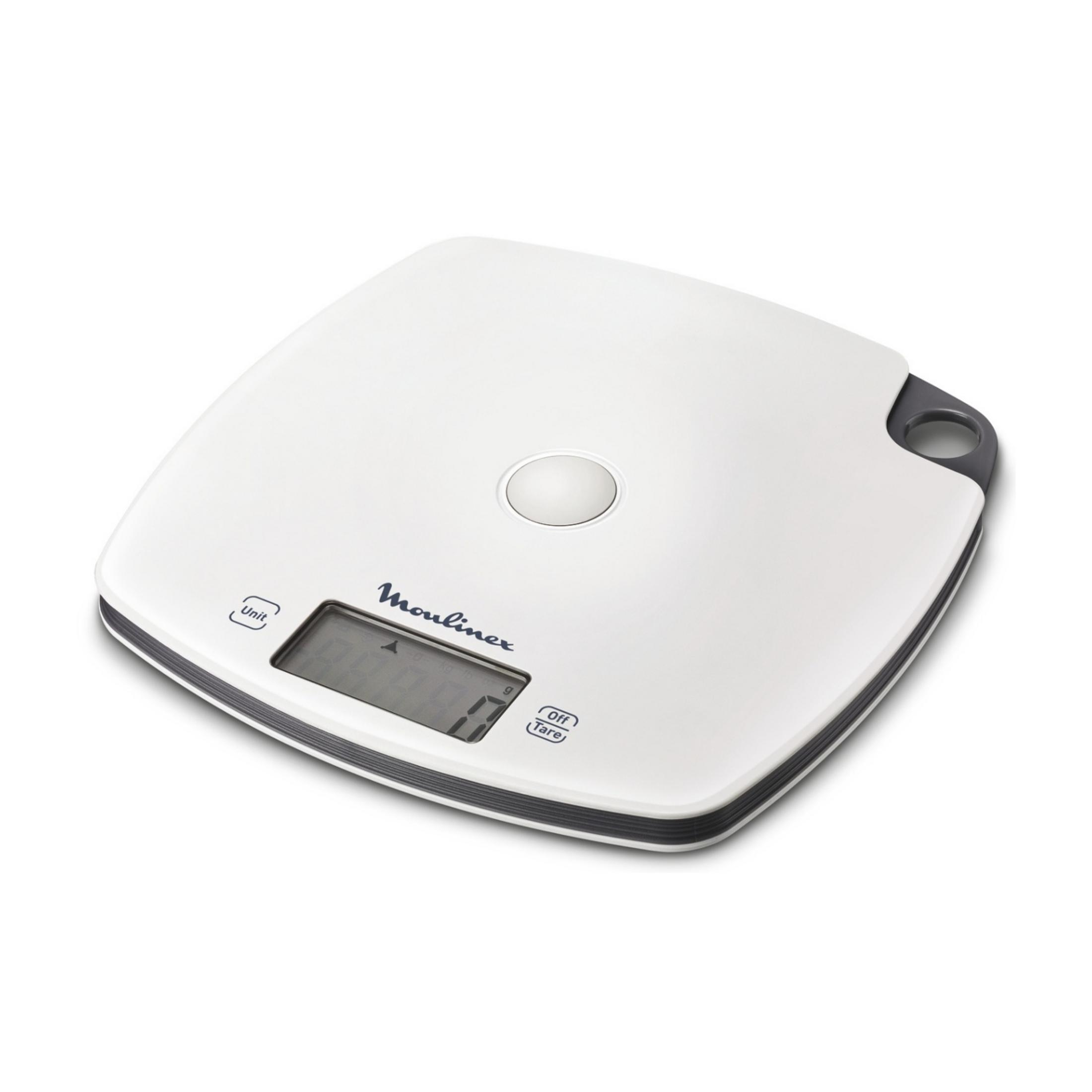 Biała waga kuchenna z cyfrowym wyświetlaczem i szarymi akcentami.