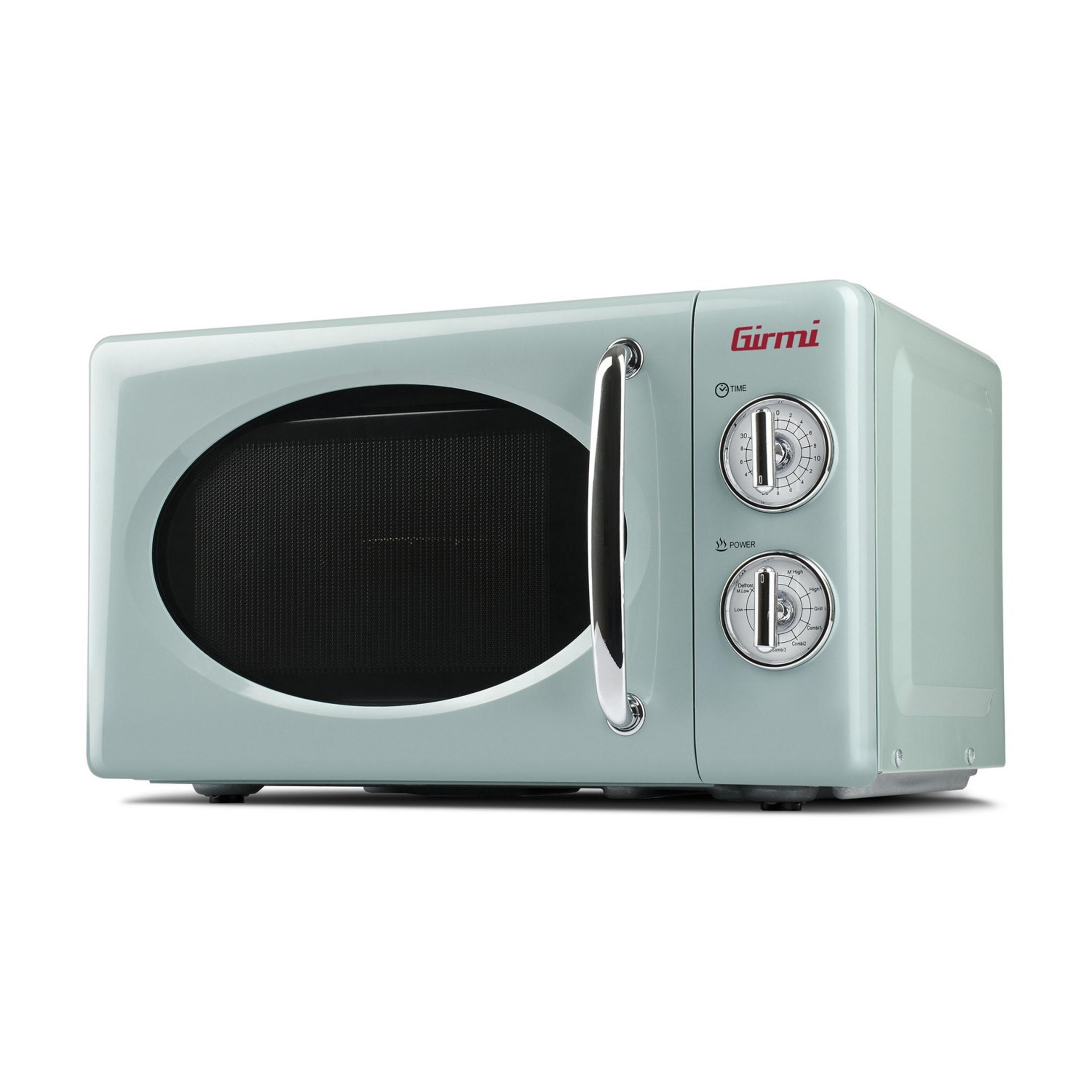 Jasnoniebieska kuchenka mikrofalowa retro ze srebrną rączką i dwoma pokrętłami czasu/mocy.