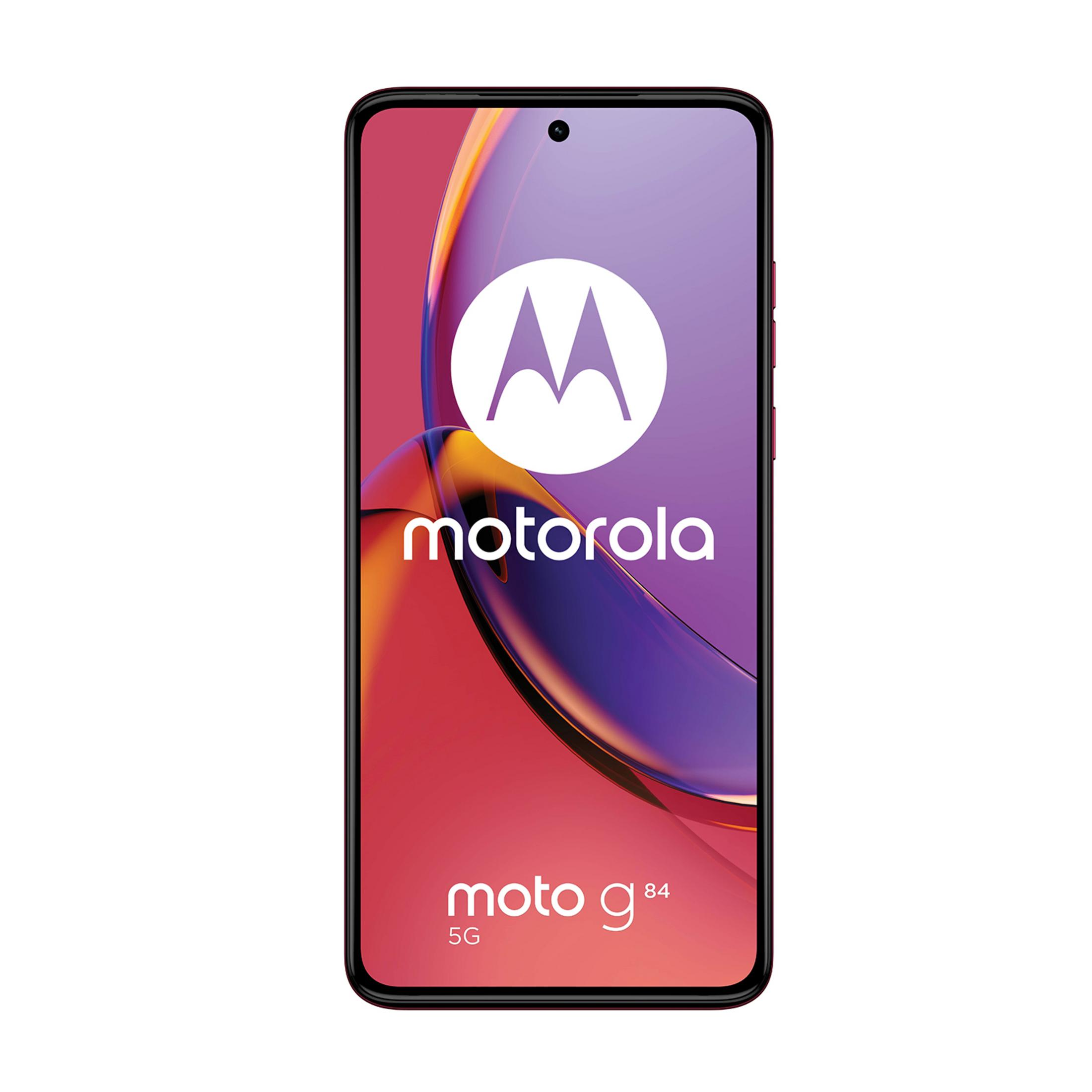 Uno smartphone Motorola Moto G84 5G rosso che mostra il logo e il testo Motorola.
