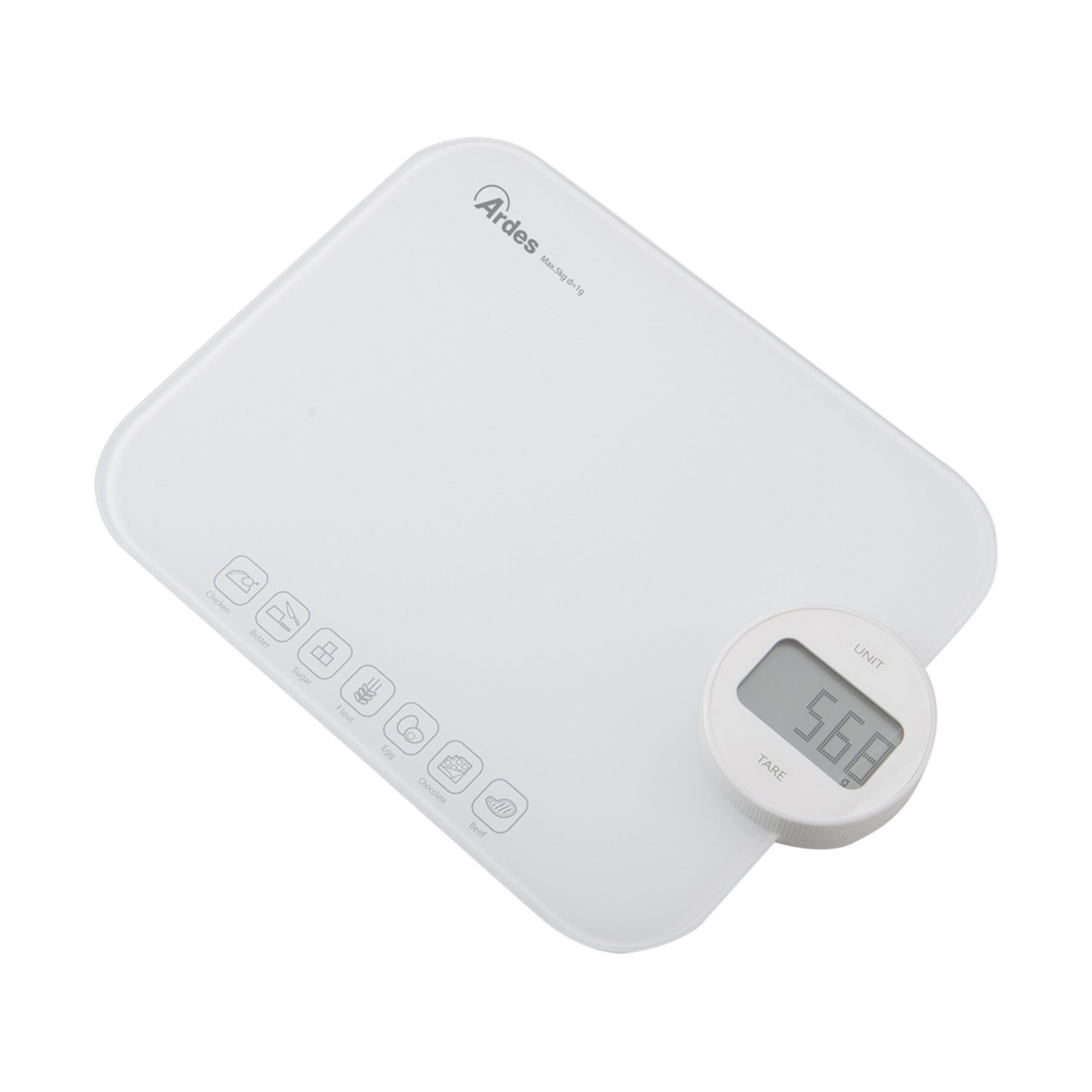Weie digitale Kchewaage mit Lebensmittel-Icons und LCD-Display.