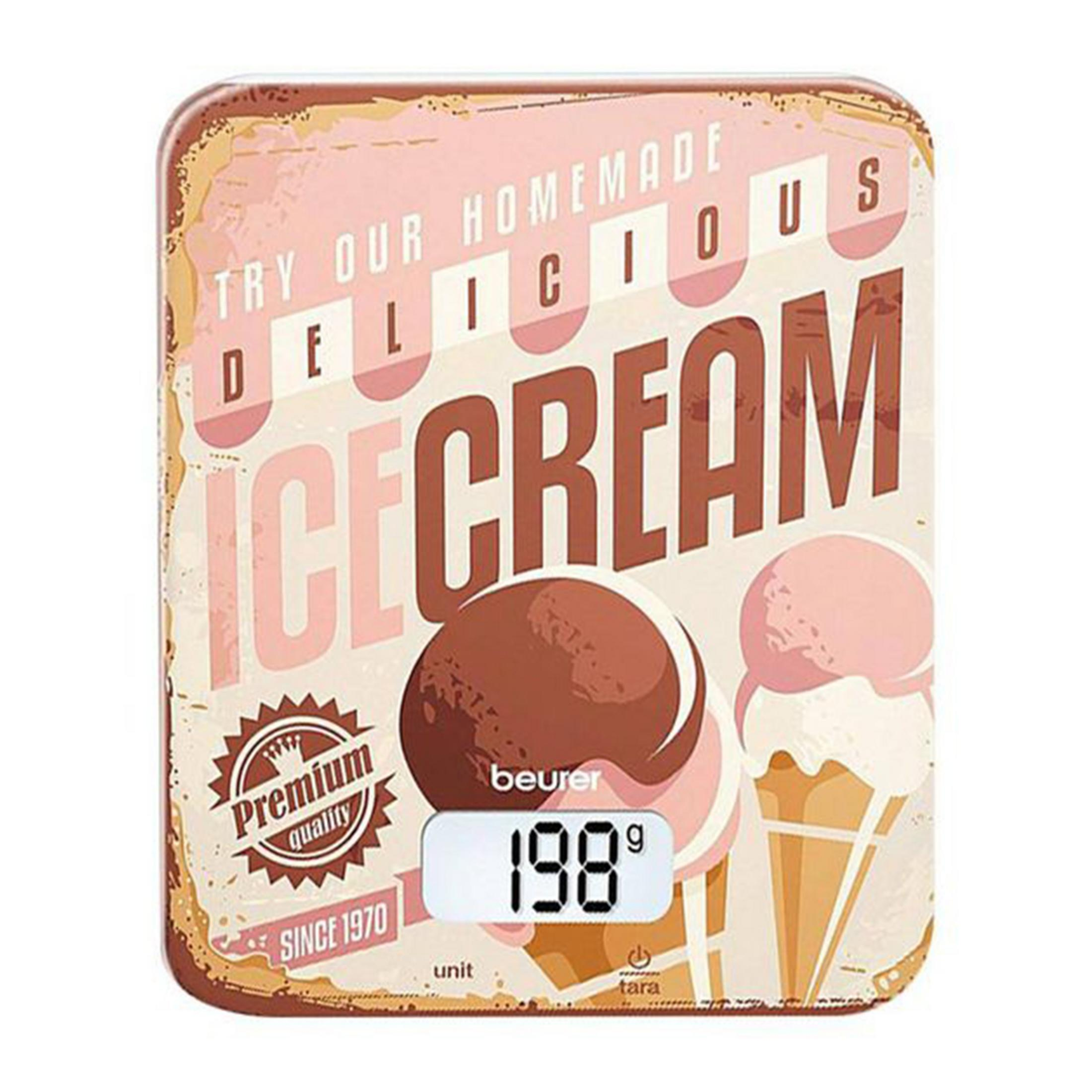 Digitale Küchenwaage im Retro-Stil mit Eiscreme-Motiv und Anzeige 198g.