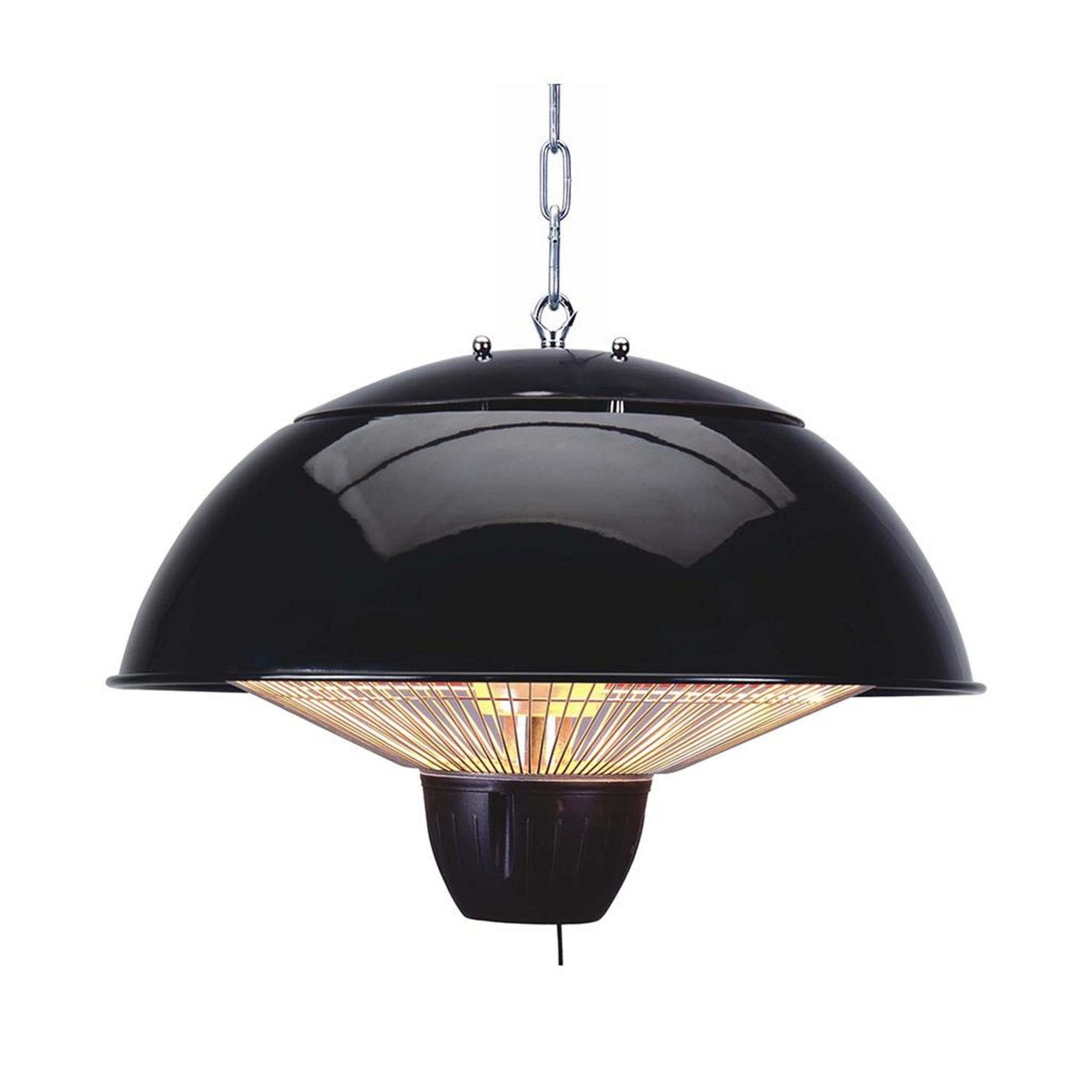 Ein schwarzer, hängender Heizstrahler mit einem runden Schirm und glühenden Elementen.