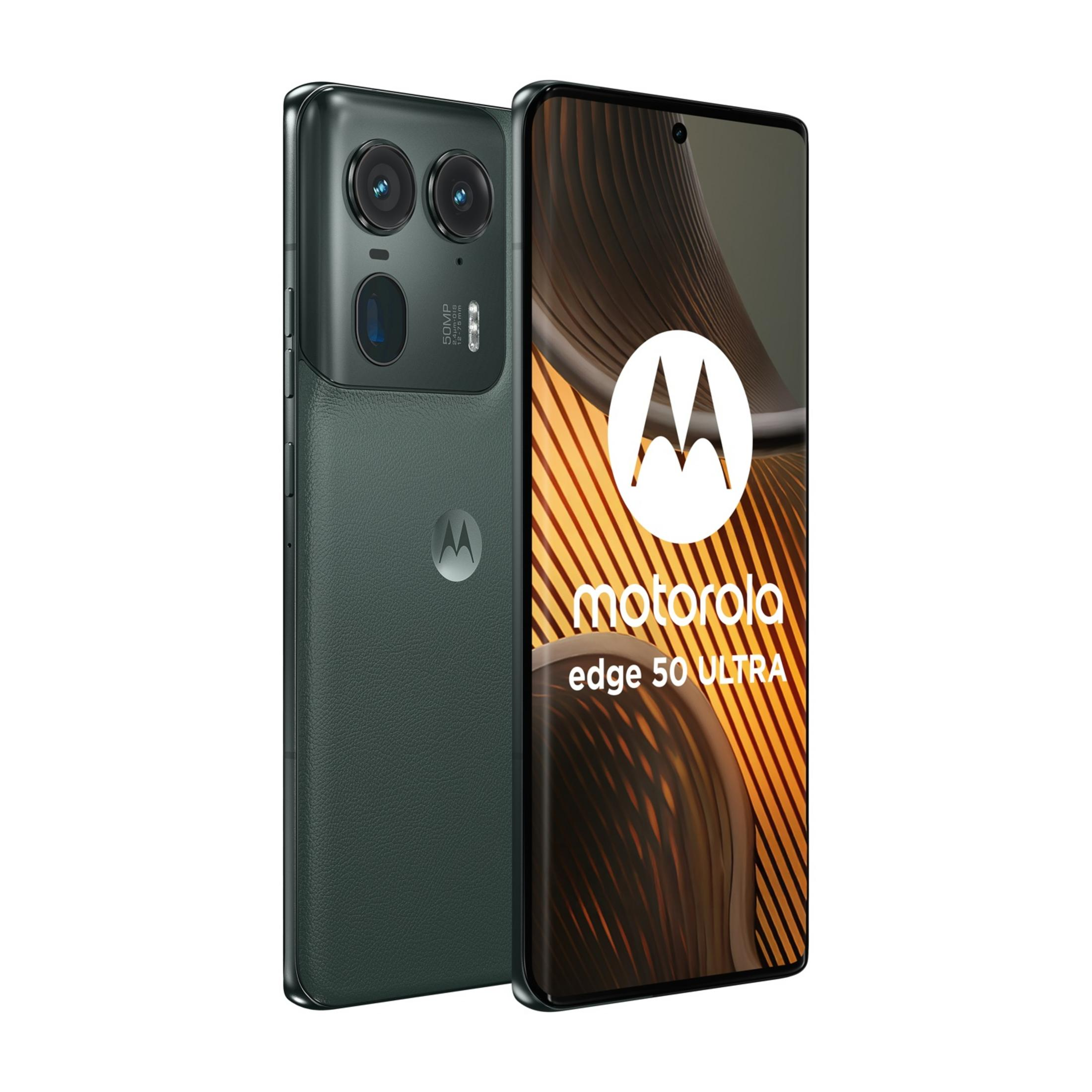 Ciemnozielony smartfon Motorola Edge 50 Ultra z trzema tylnymi aparatami.