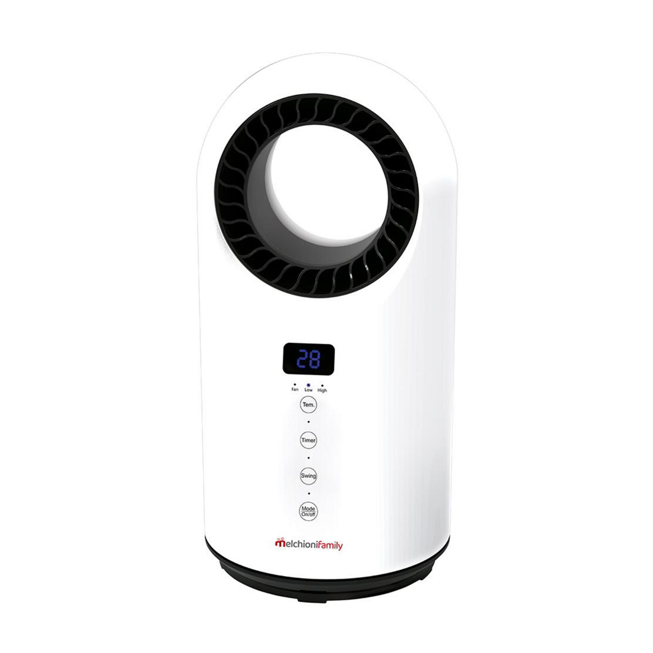 Ein weißer Turmventilator mit schwarzem Grill und digitaler Anzeige.