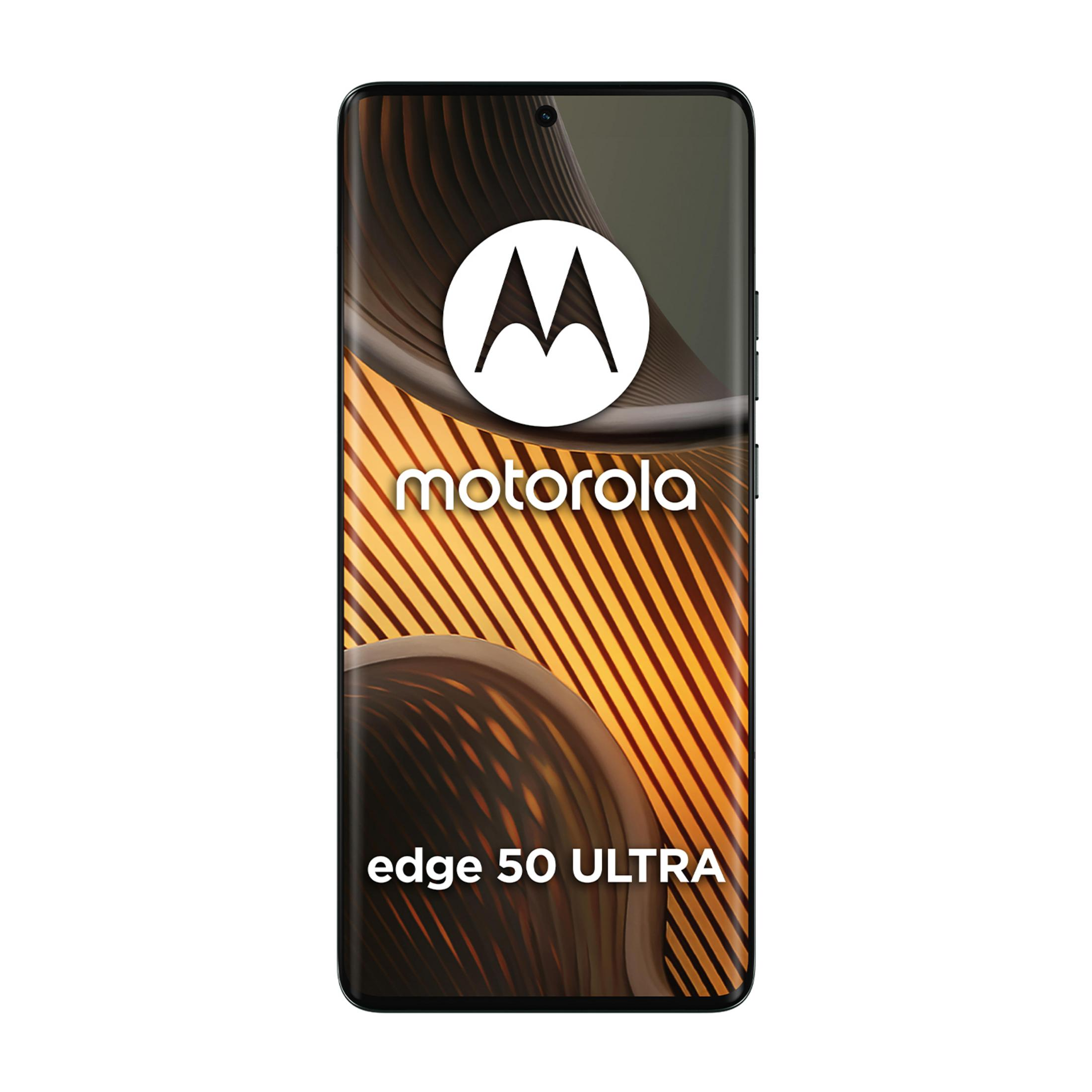 Smartfon Motorola Edge 50 Ultra z logo "M" na abstrakcyjnym tle.
