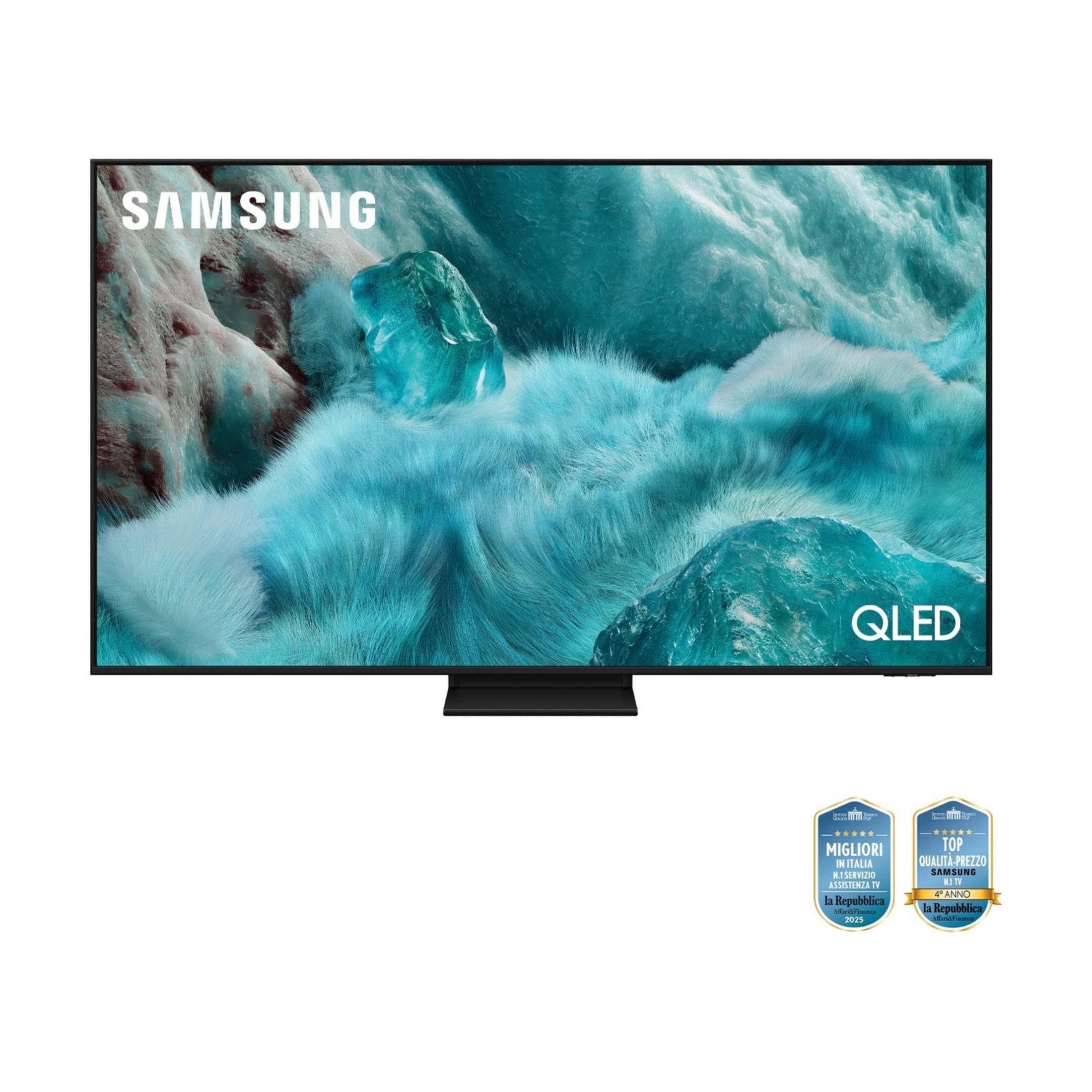 Telewizor Samsung QLED z abstrakcyjnym niebieskim tłem i logotypami.