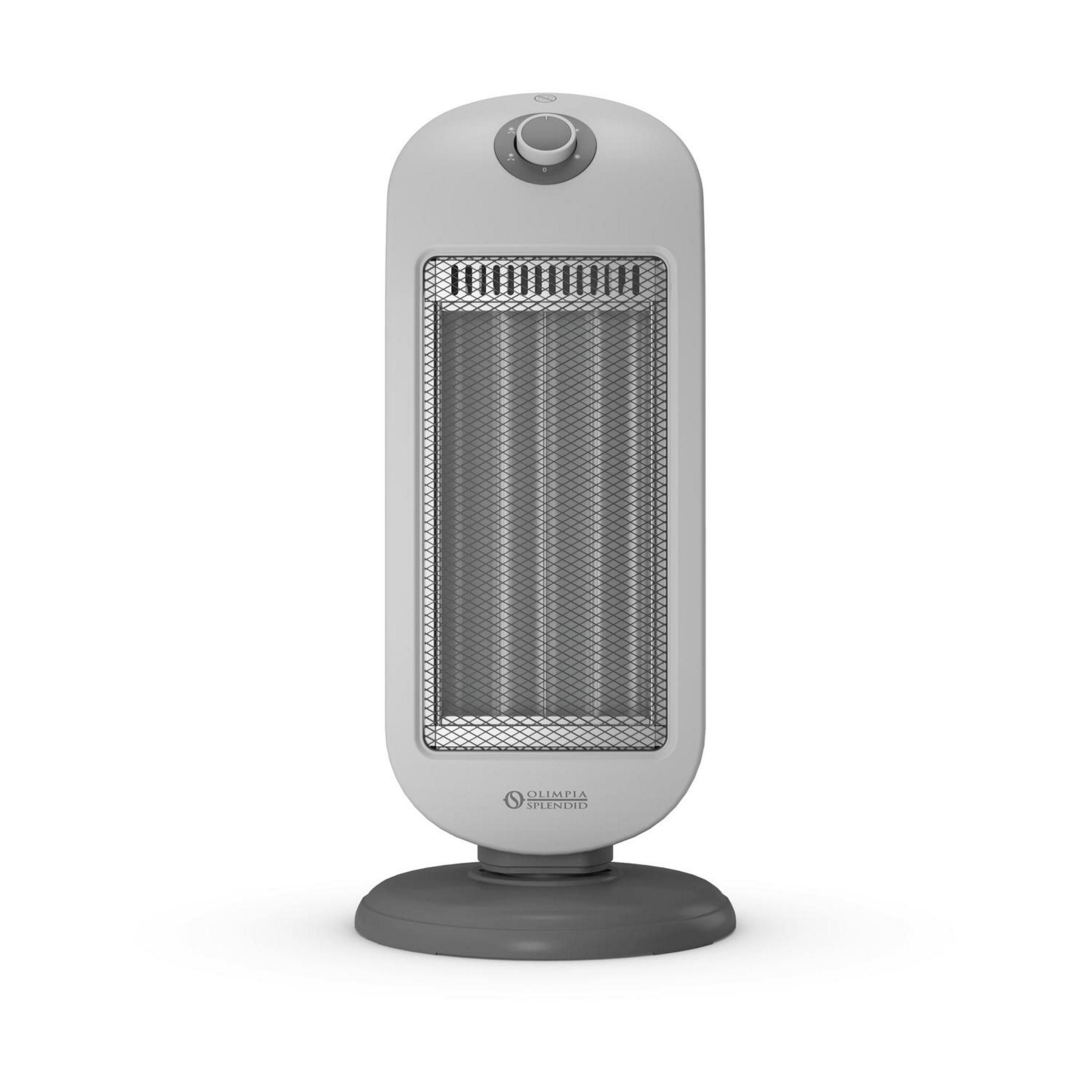 Biały grzejnik stojący z szarą podstawą i pokrętłem.