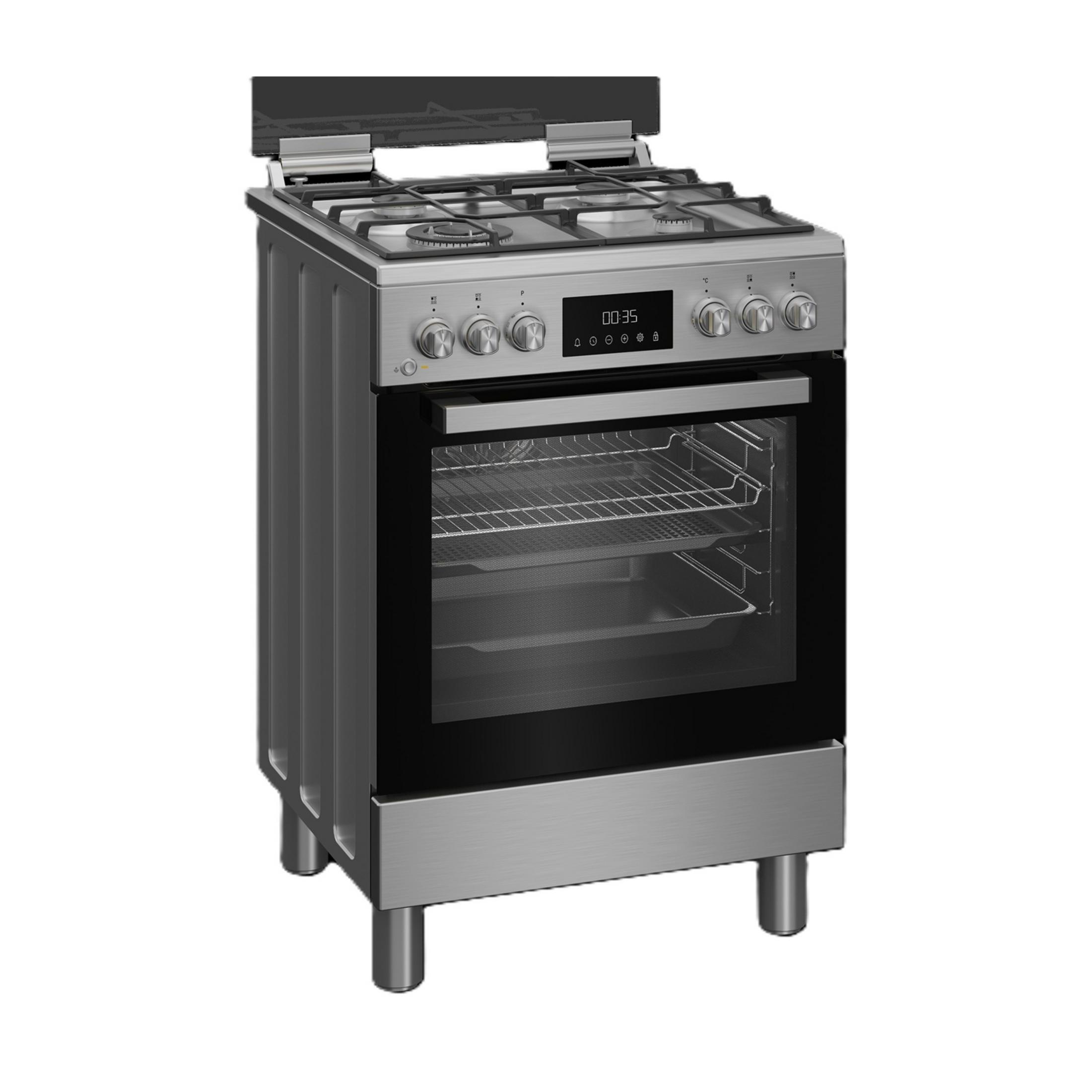 Moderna cucina a gas argentata con quattro fuochi, coperchio in vetro e display digitale.